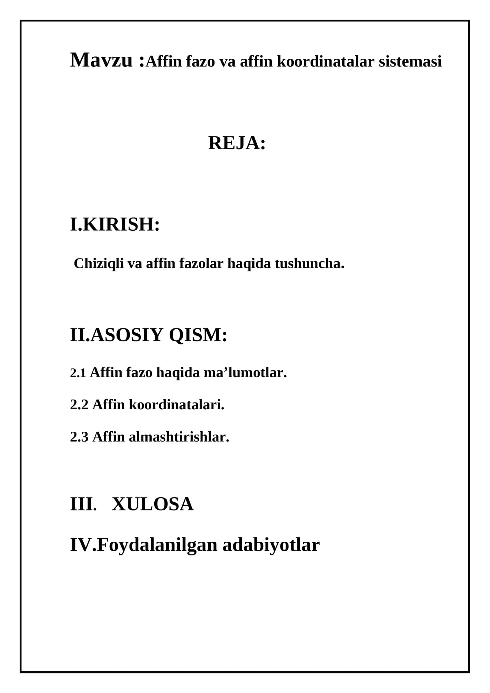 Affin fazo va affin koordinatalar sistemasi