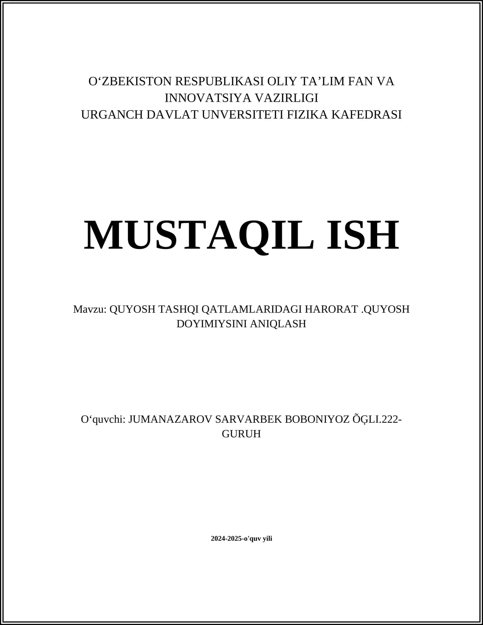 QUYOSH TASHQI QATLAMLARIDAGI HARORAT.QUYOSH DOYIMIYSINI ANIQLASH