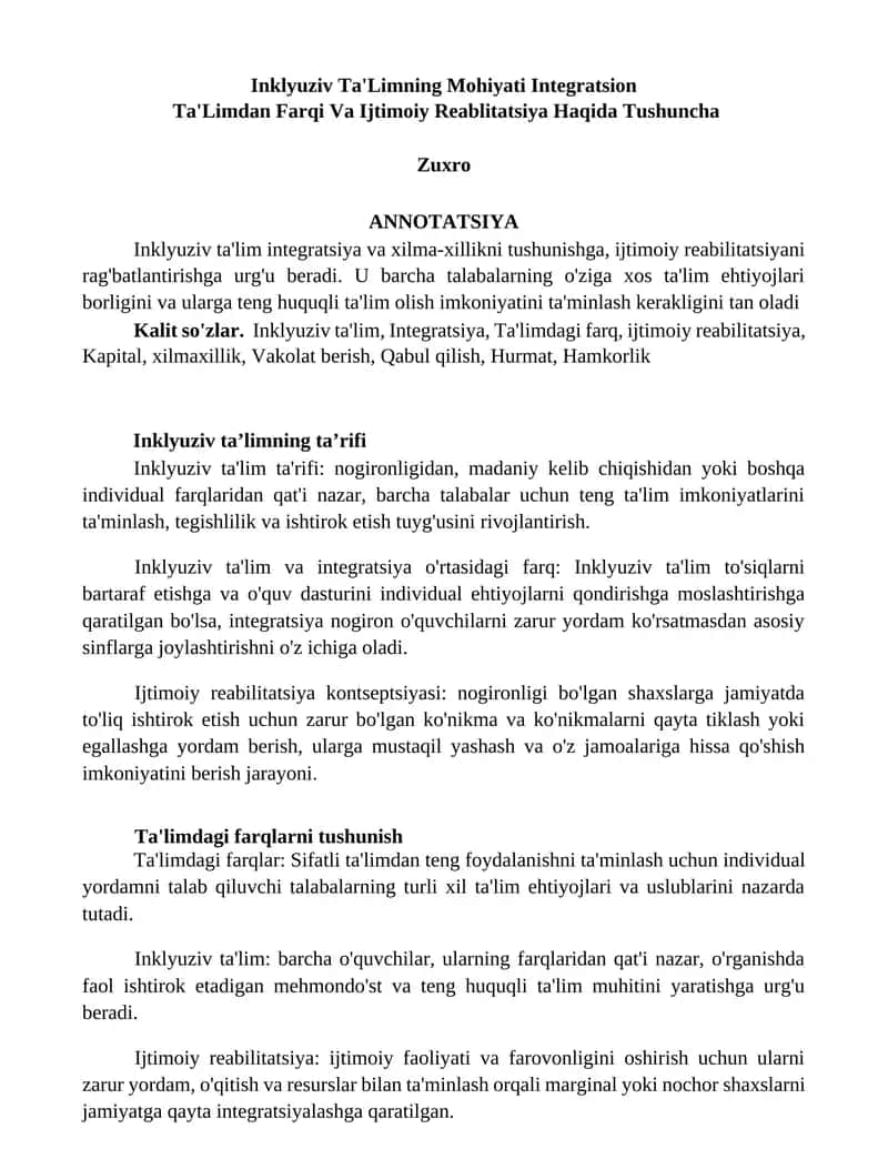 Inklyuziv Ta'Limning Mohiyati Integratsion