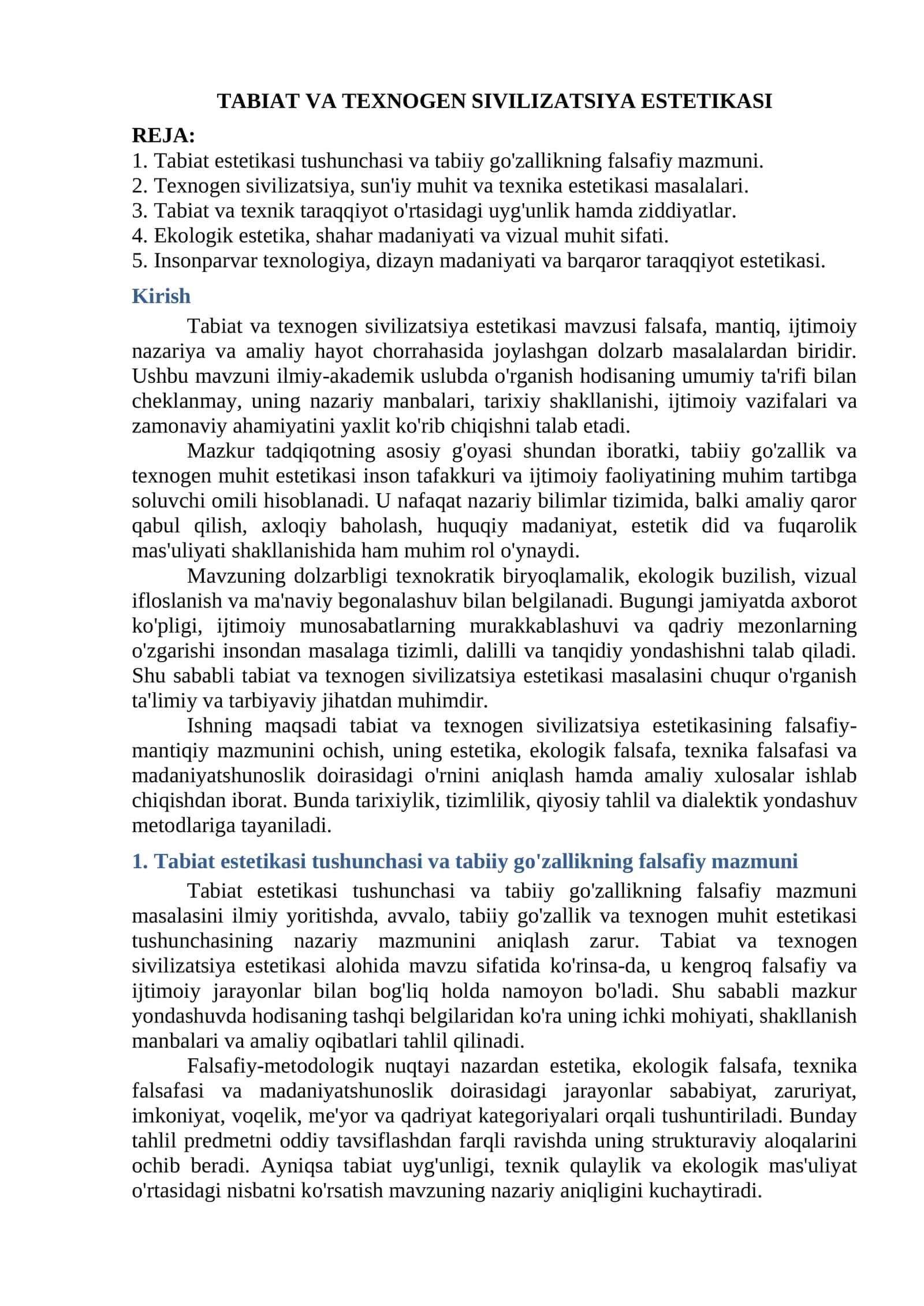 TABIAT VA TEXNOGEN SIVILIZATSIYA ESTETIKASI