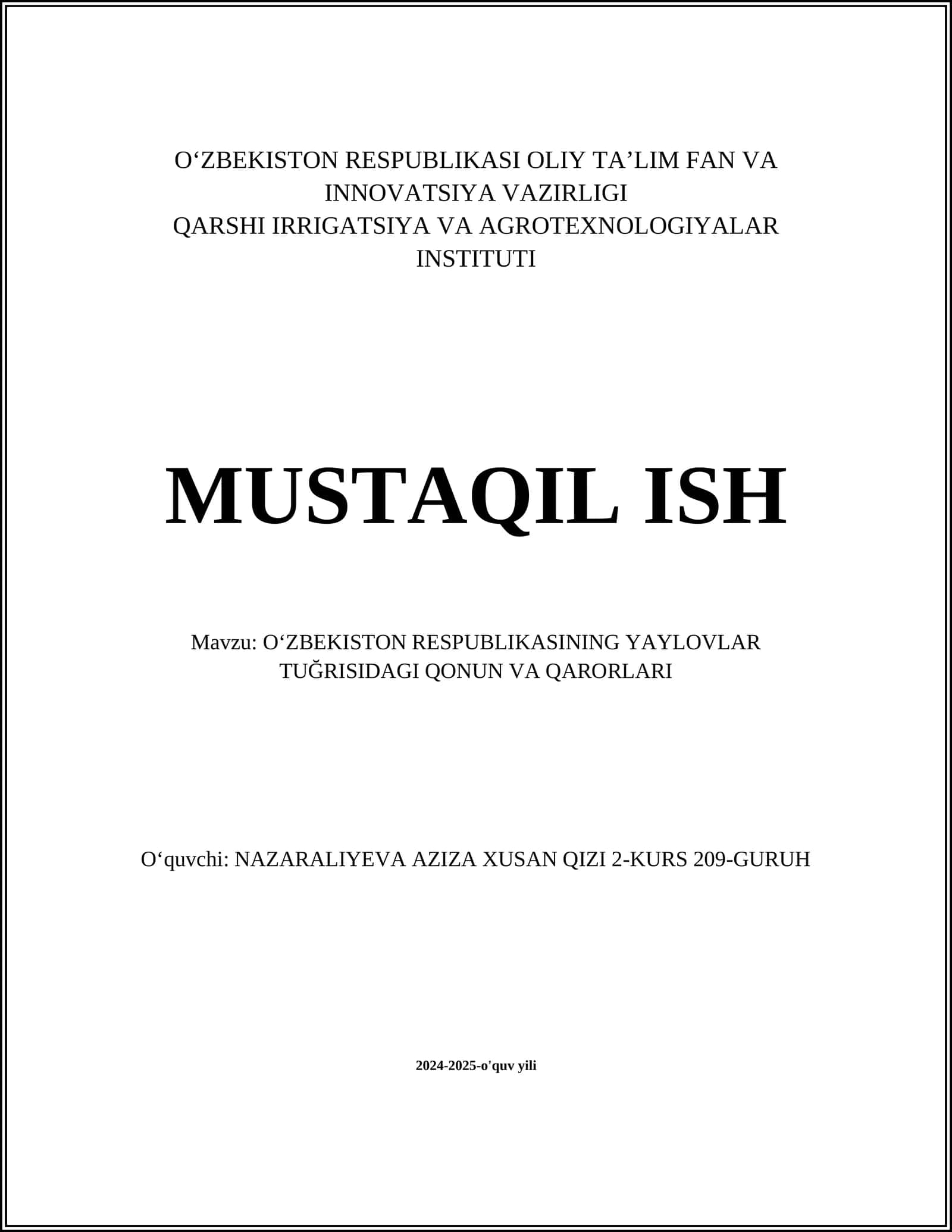 OʻZBEKISTON RESPUBLIKASINING YAYLOVLAR TUĞRISIDAGI QONUN VA QARORLARI