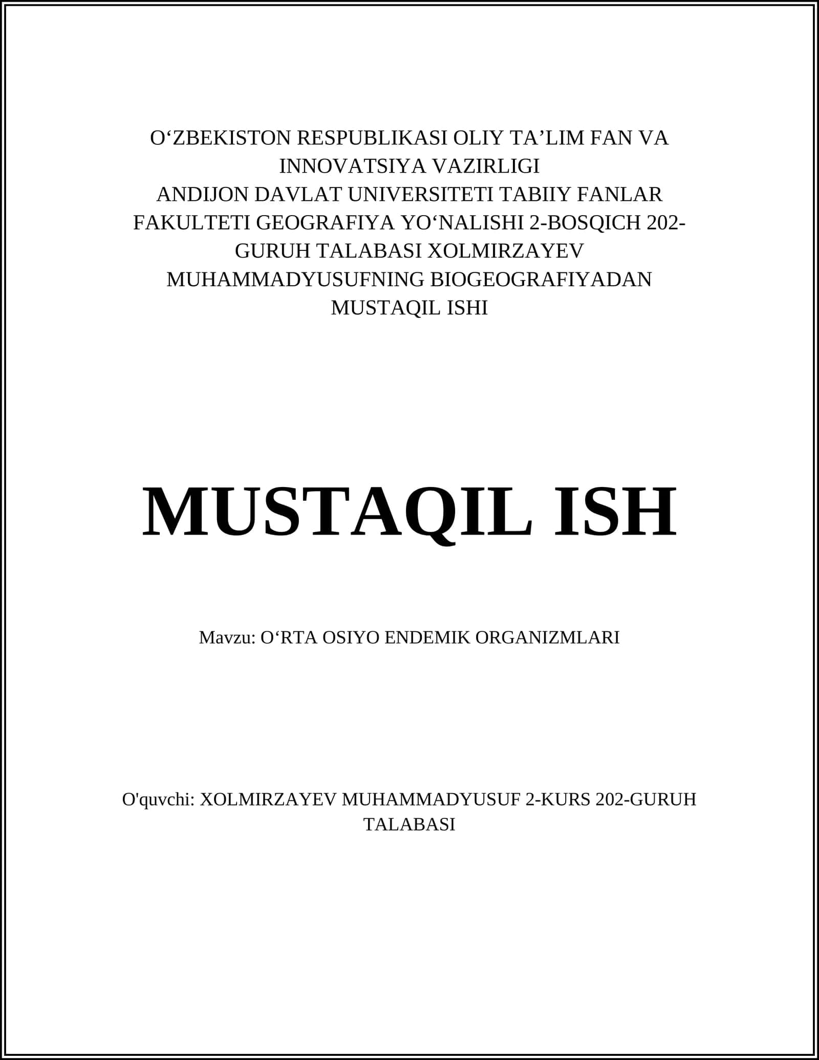 OʻRTA OSIYO ENDEMIK ORGANIZMLARI
