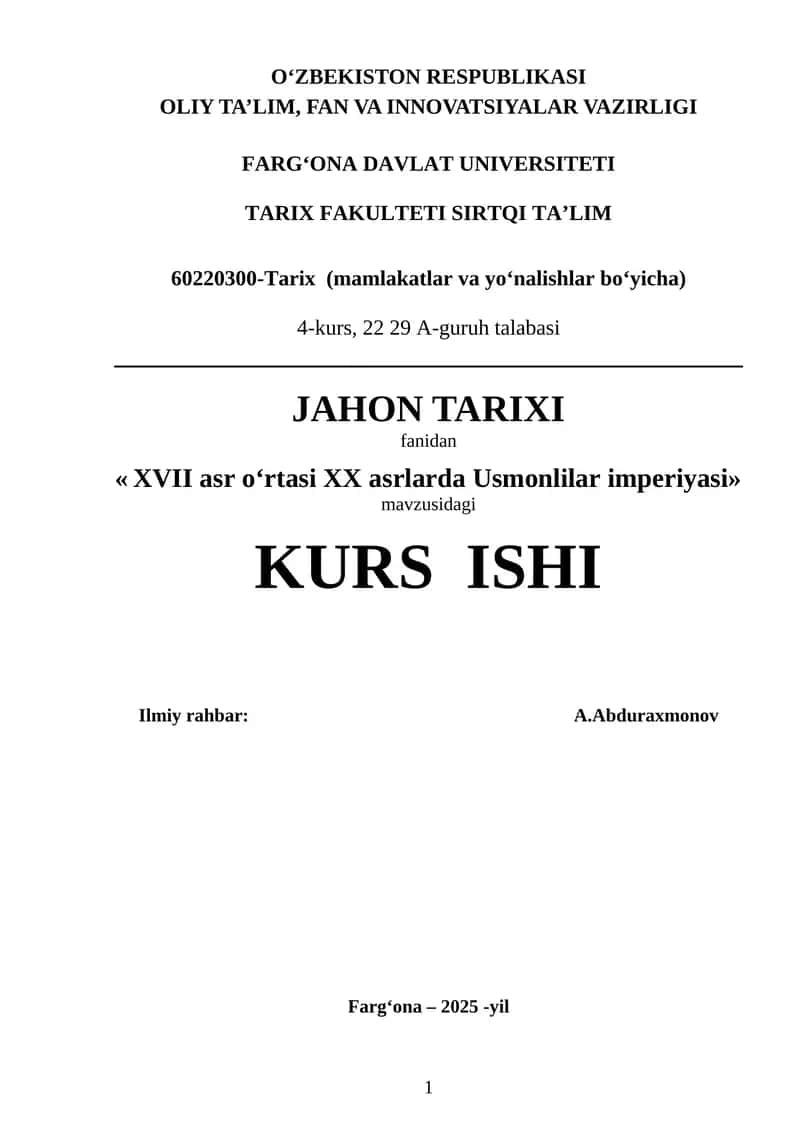 XVII asr oʻrtasi XX asrlarda Usmonlilar imperiyasi
