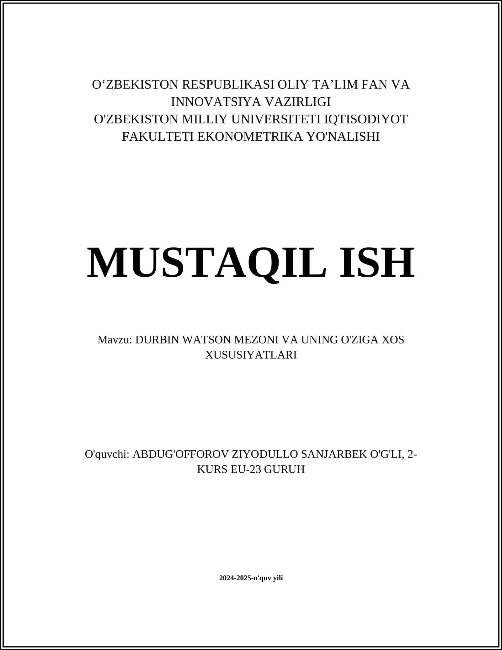 DURBIN WATSON MEZONI VA UNING O'ZIGA XOS XUSUSIYATLARI