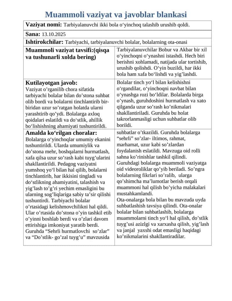 Muammoli vaziyat va javoblar blankasi