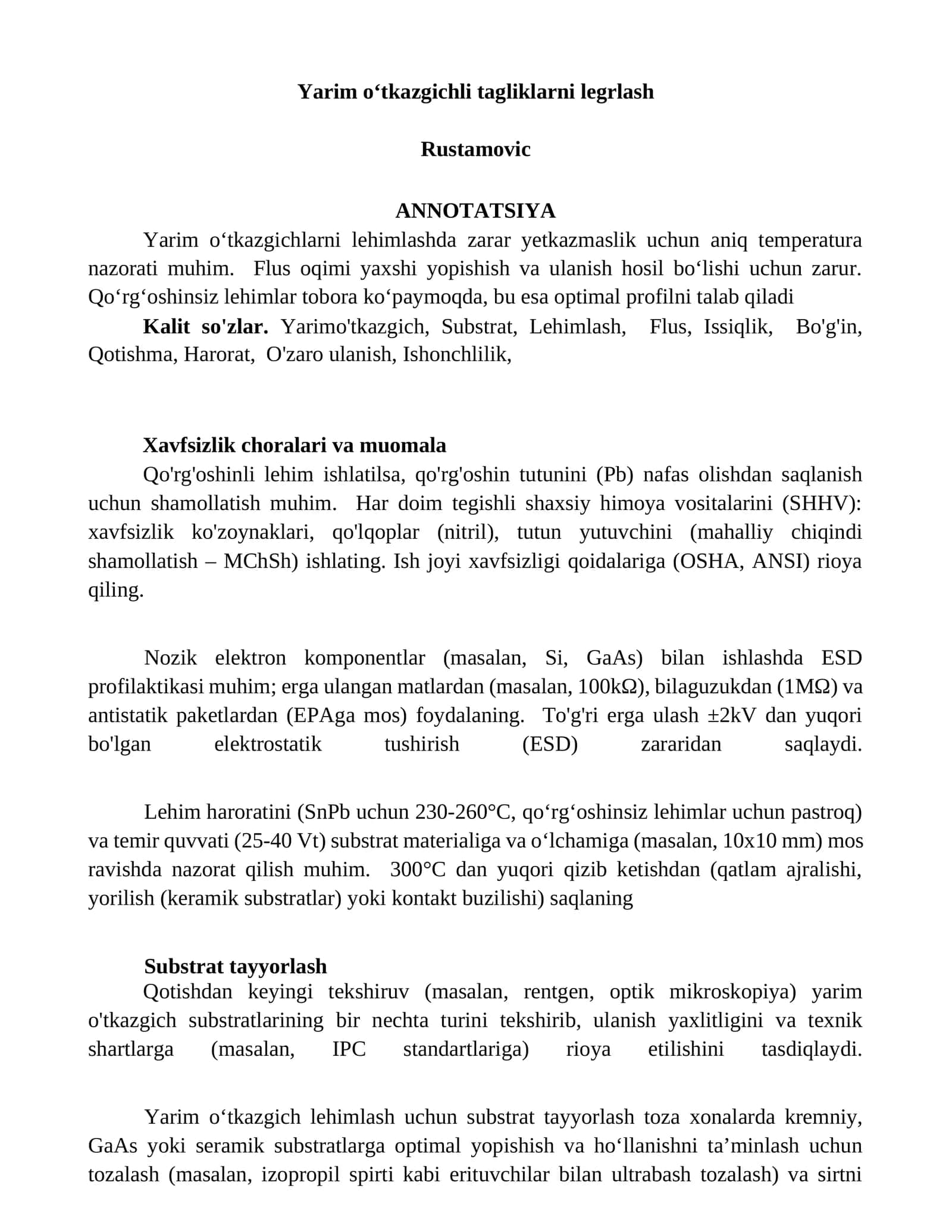 Yarim oʻtkazgichli tagliklarni legrlash Rustamovic