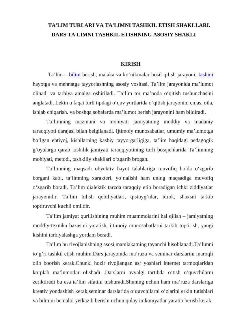Ta'lim Turlari va Ta'limni Tashkil Etish Shakllari