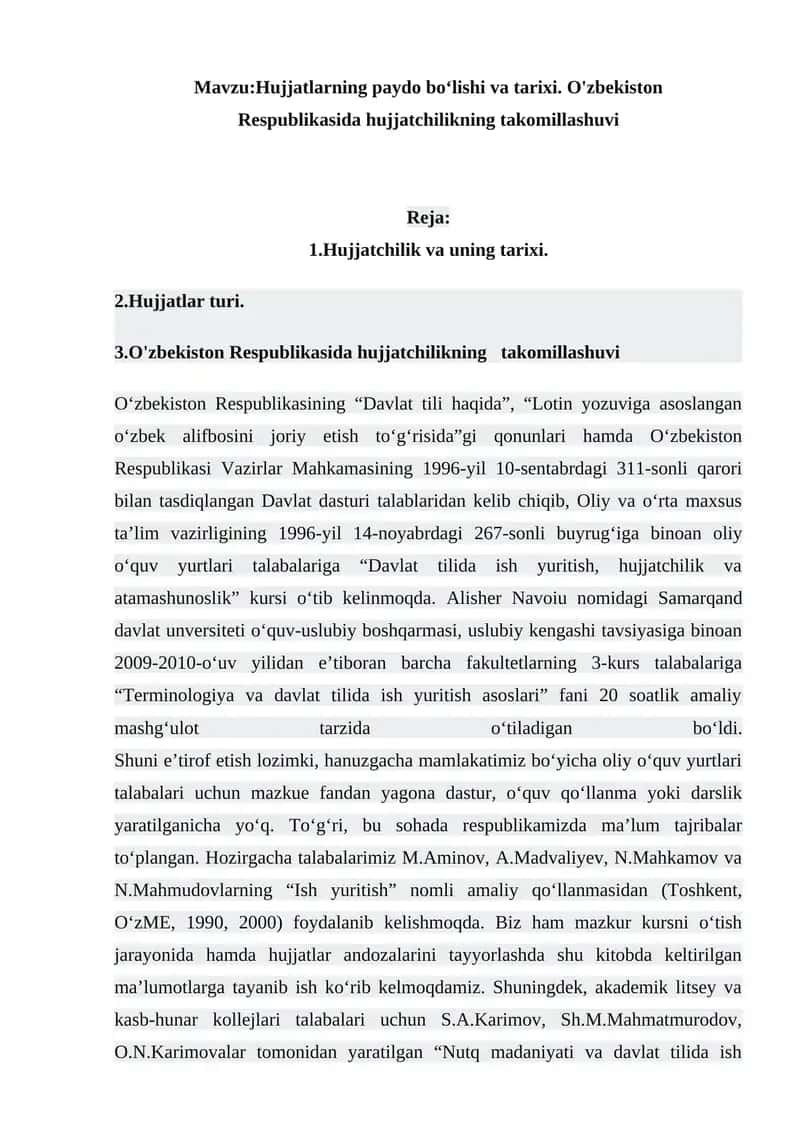 Hujjatlarning paydo bo‘lishi va tarixi. O'zbekiston Respublikasida hujjatchilikning takomillashuvi