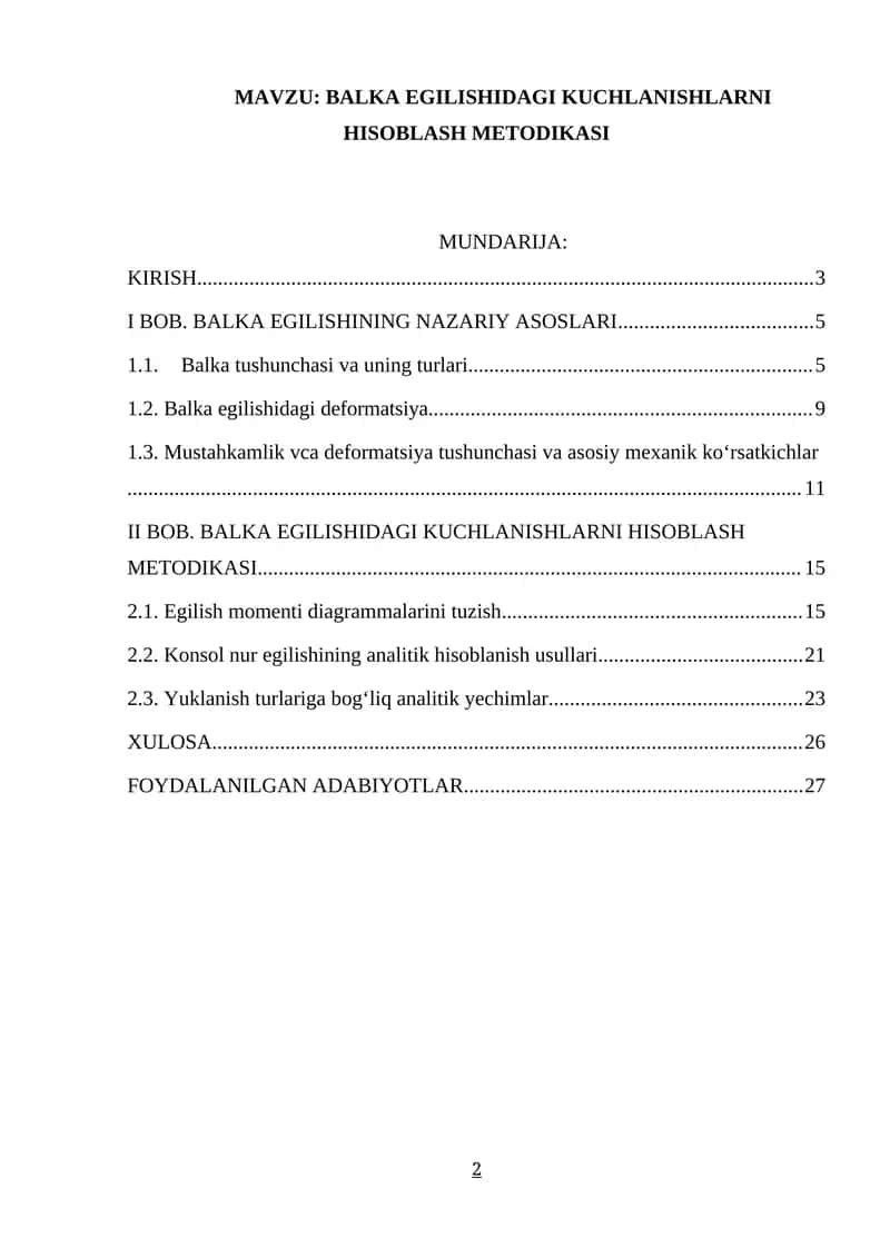 BALKA EGILISHIDAGI KUCHLANISHLARNI HISOBLASH METODIKASI