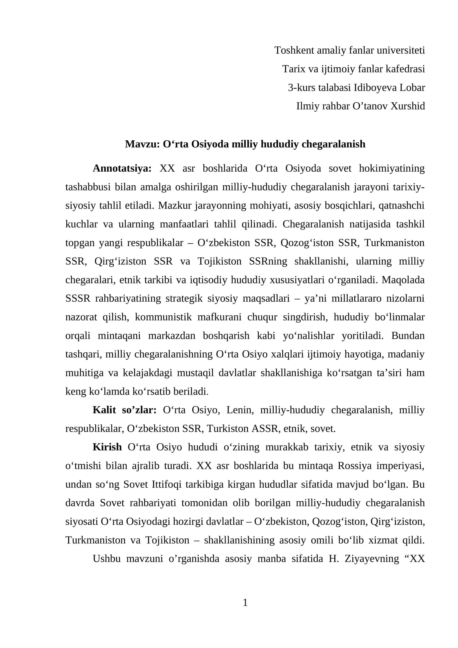 O‘rta Osiyoda milliy hududiy chegaralanish