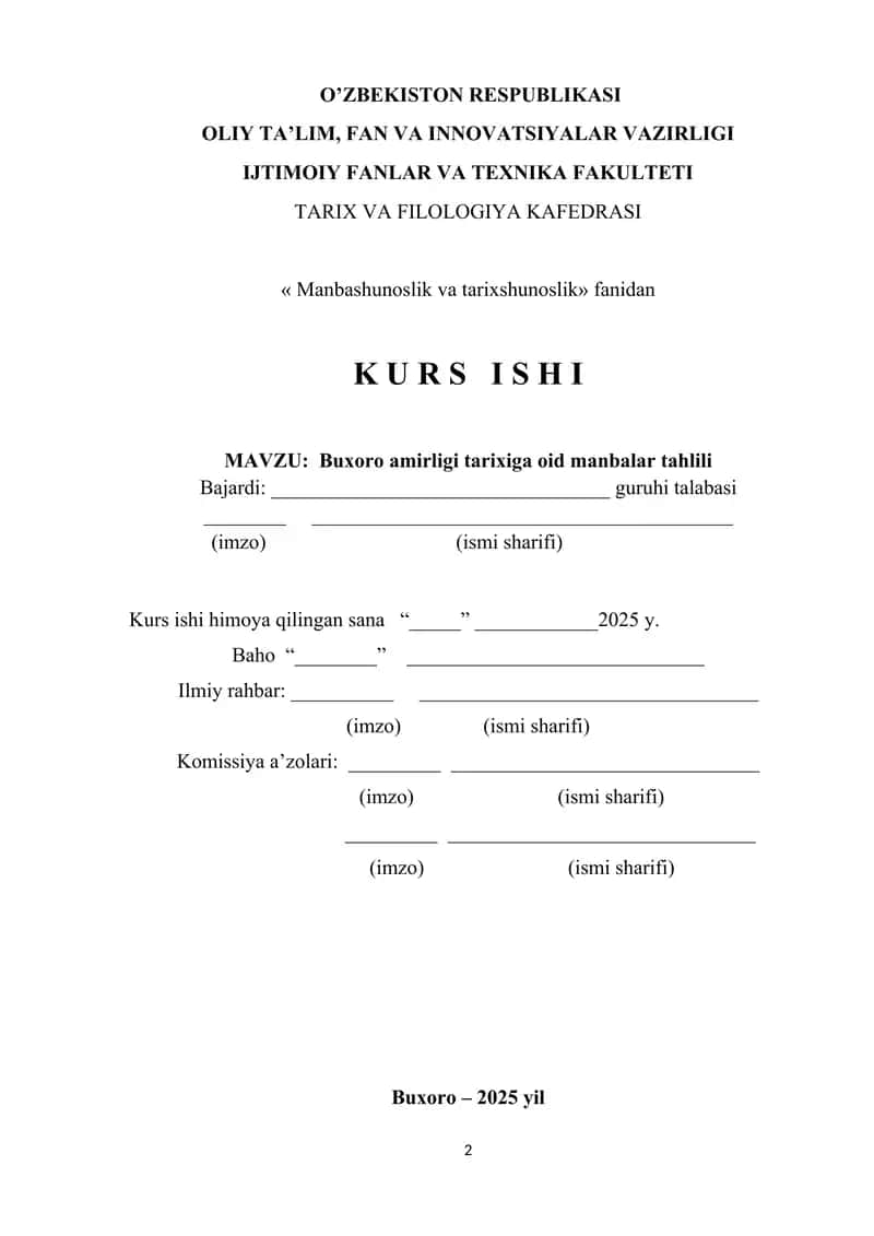 BUXORO AMIRLIGI TARIXIGA OID MANBALAR TAHLILI