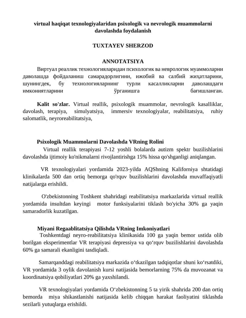Virtual reallik texnologiyalari psixologik va nevrologik muammolarni davolashda