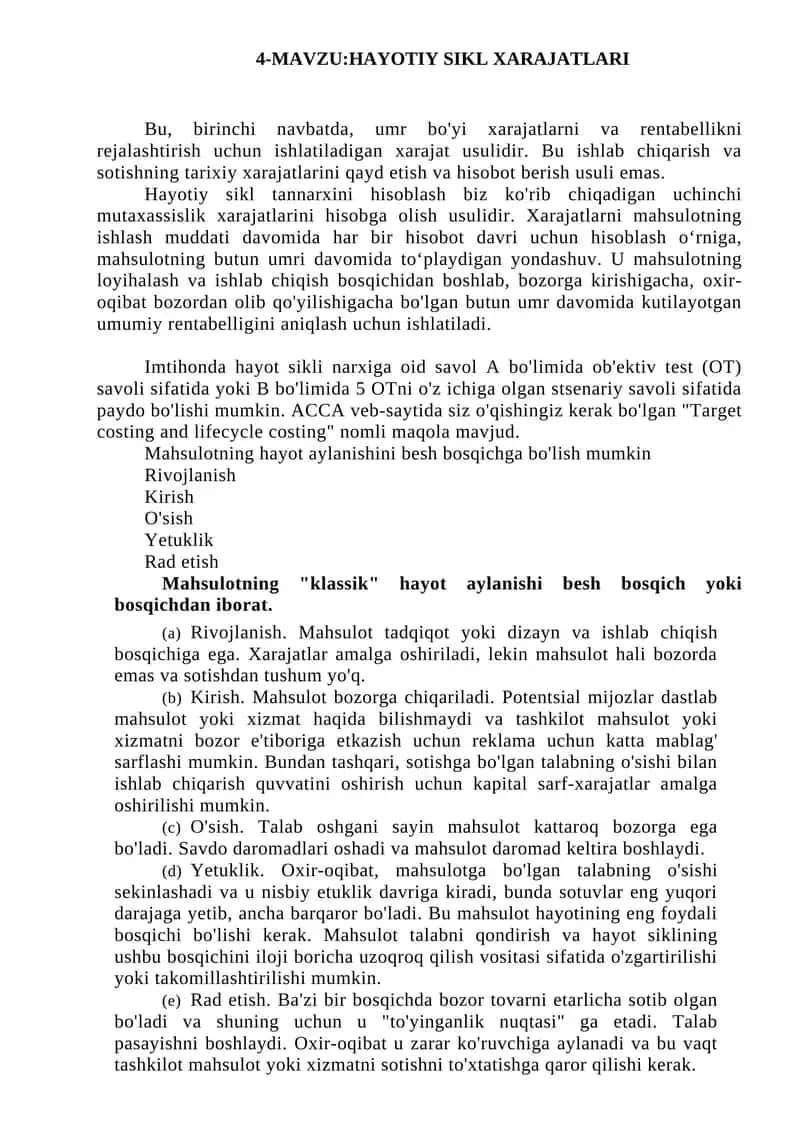 HAYOTIY SIKL XARAJATLARI