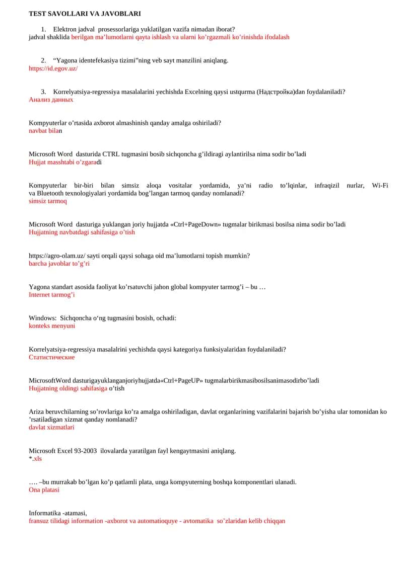 TEST SAVOLLARI VA JAVOBLARI