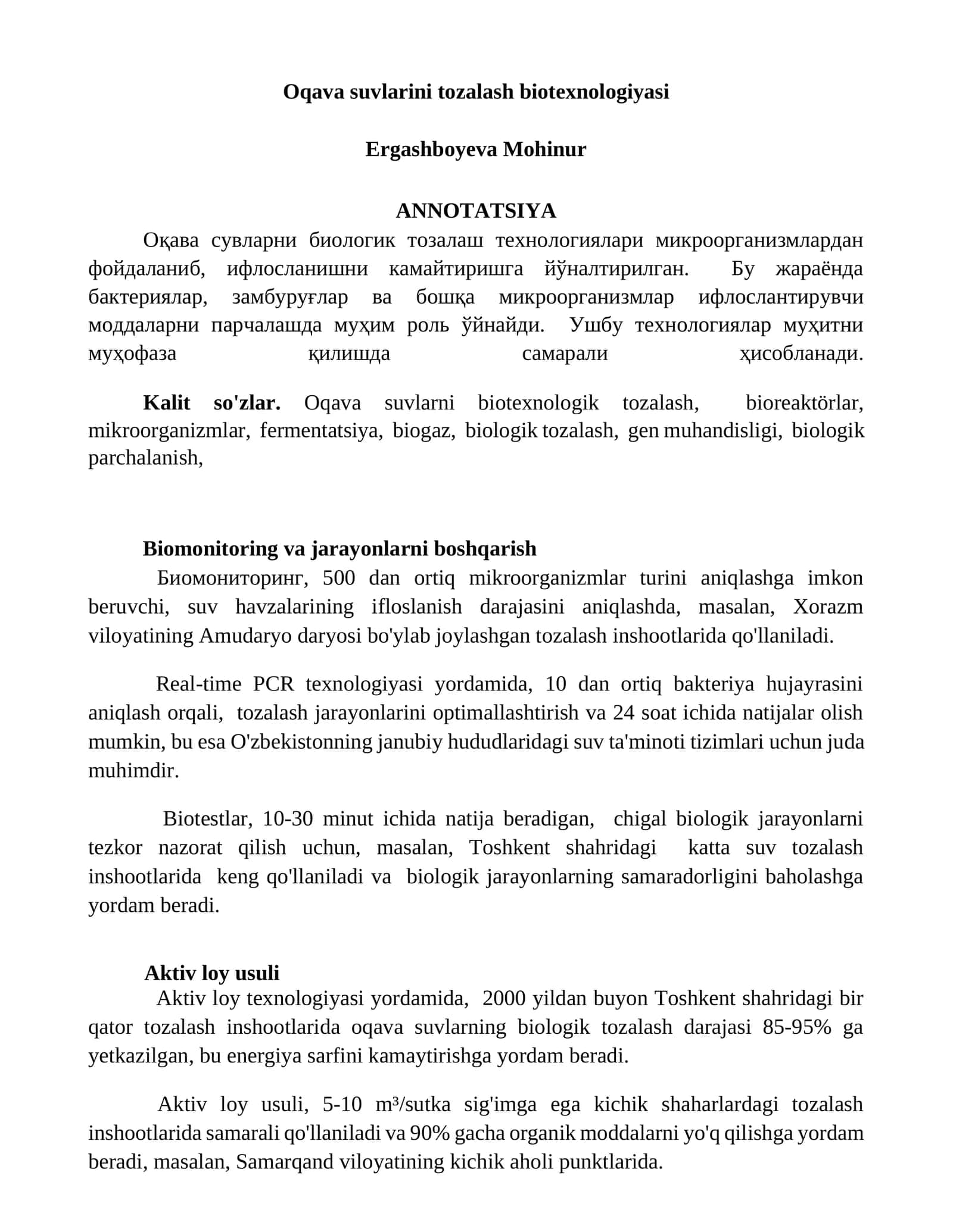 Oqava suvlarini tozalash biotexnologiyasi