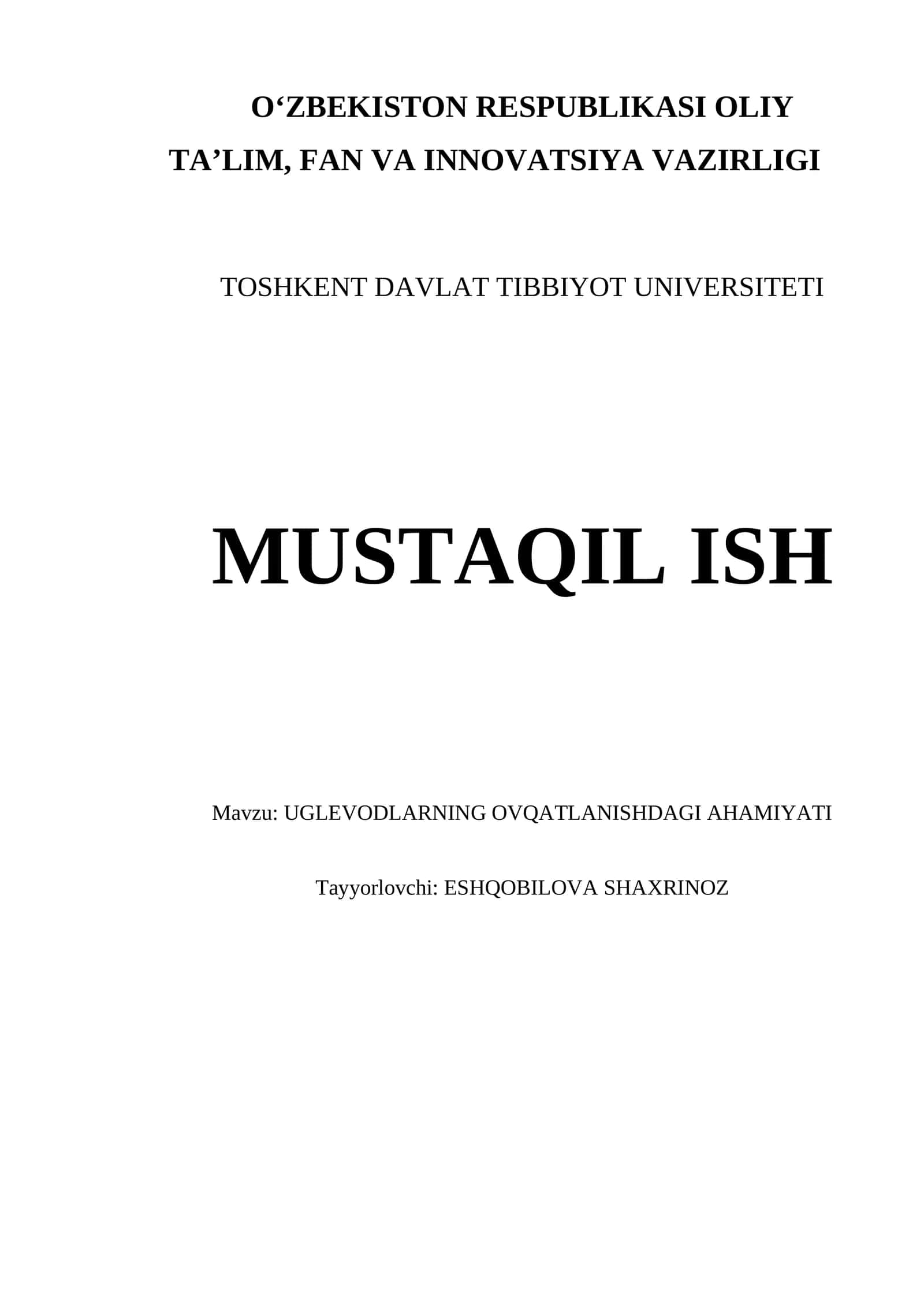 UGLEVODLARNING OVQATLANISHDAGI AHAMIYATI