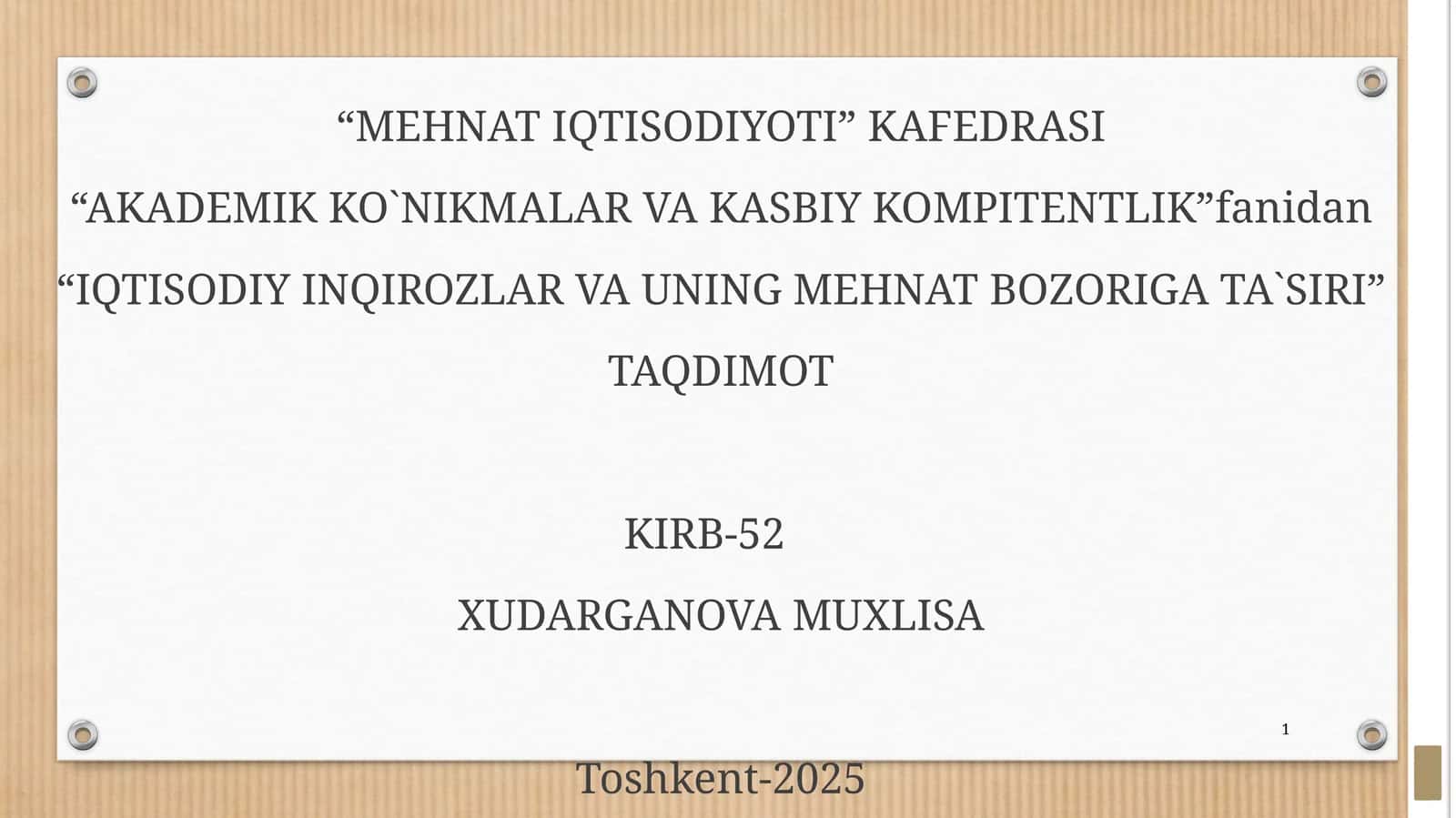 IQTISODIY INQIROZLAR VA UNING MEHNAT BOZORIGA TA`SIRI
