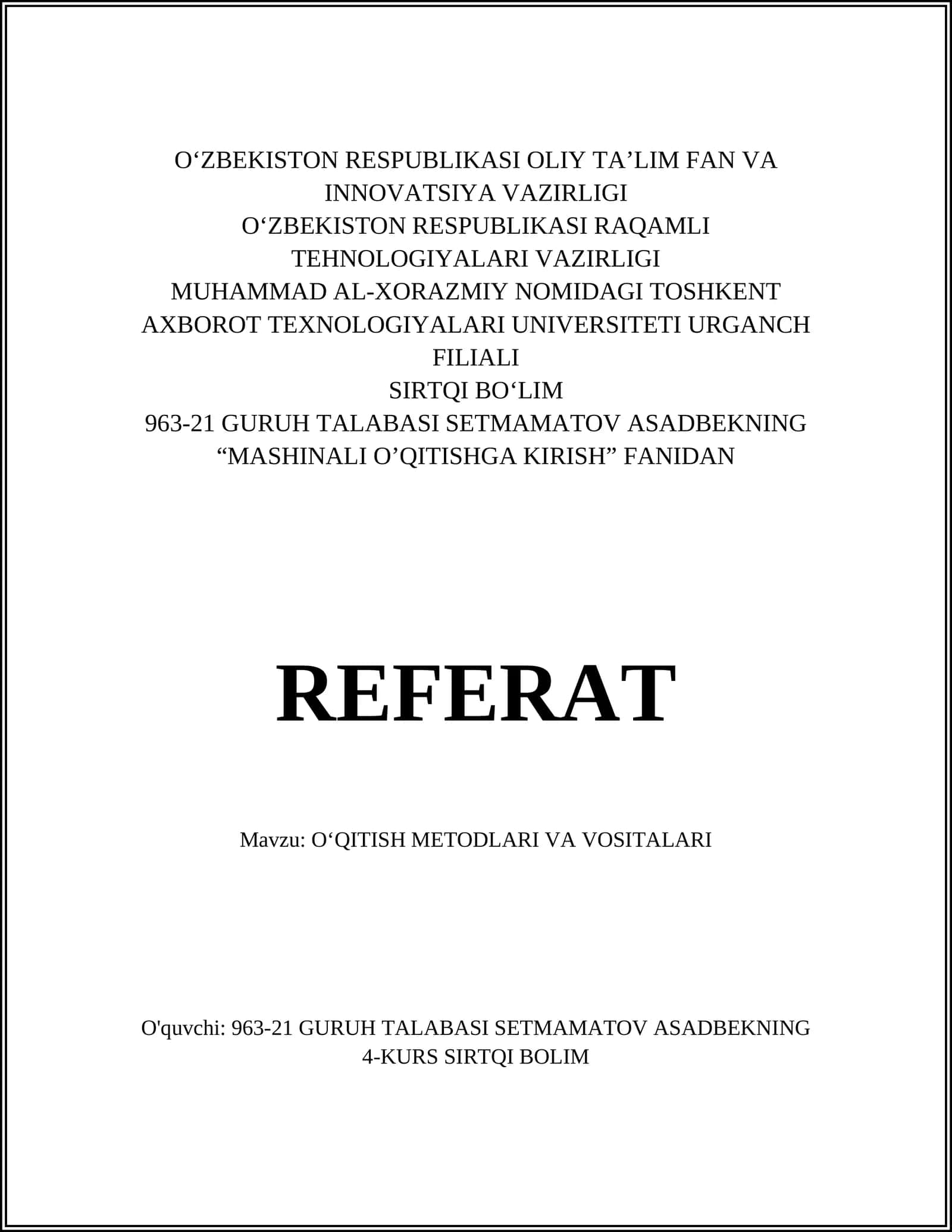 OʻQITISH METODLARI VA VOSITALARI