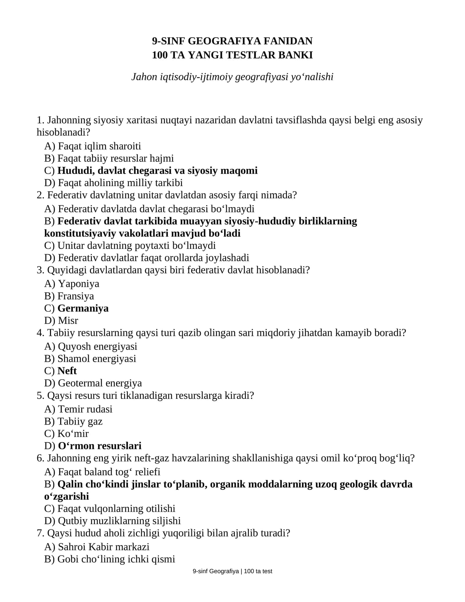 9-SINF GEOGRAFIYA FANIDAN 100 TA YANGI TESTLAR BANKI