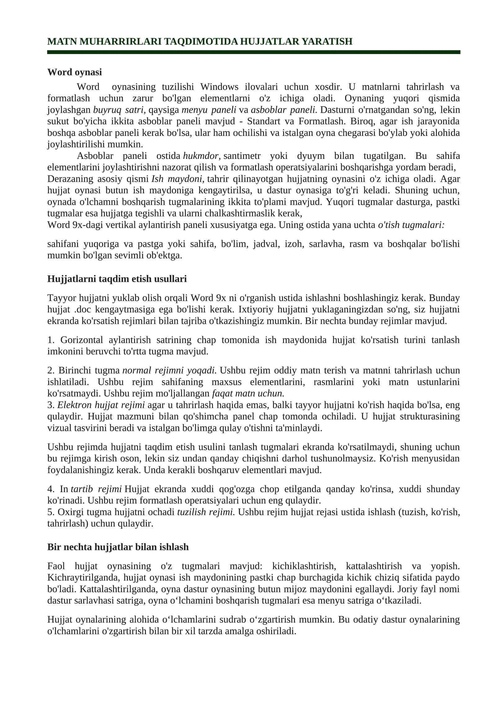 Word matn muharririda hujjatlar yaratish (3-amaliyot)