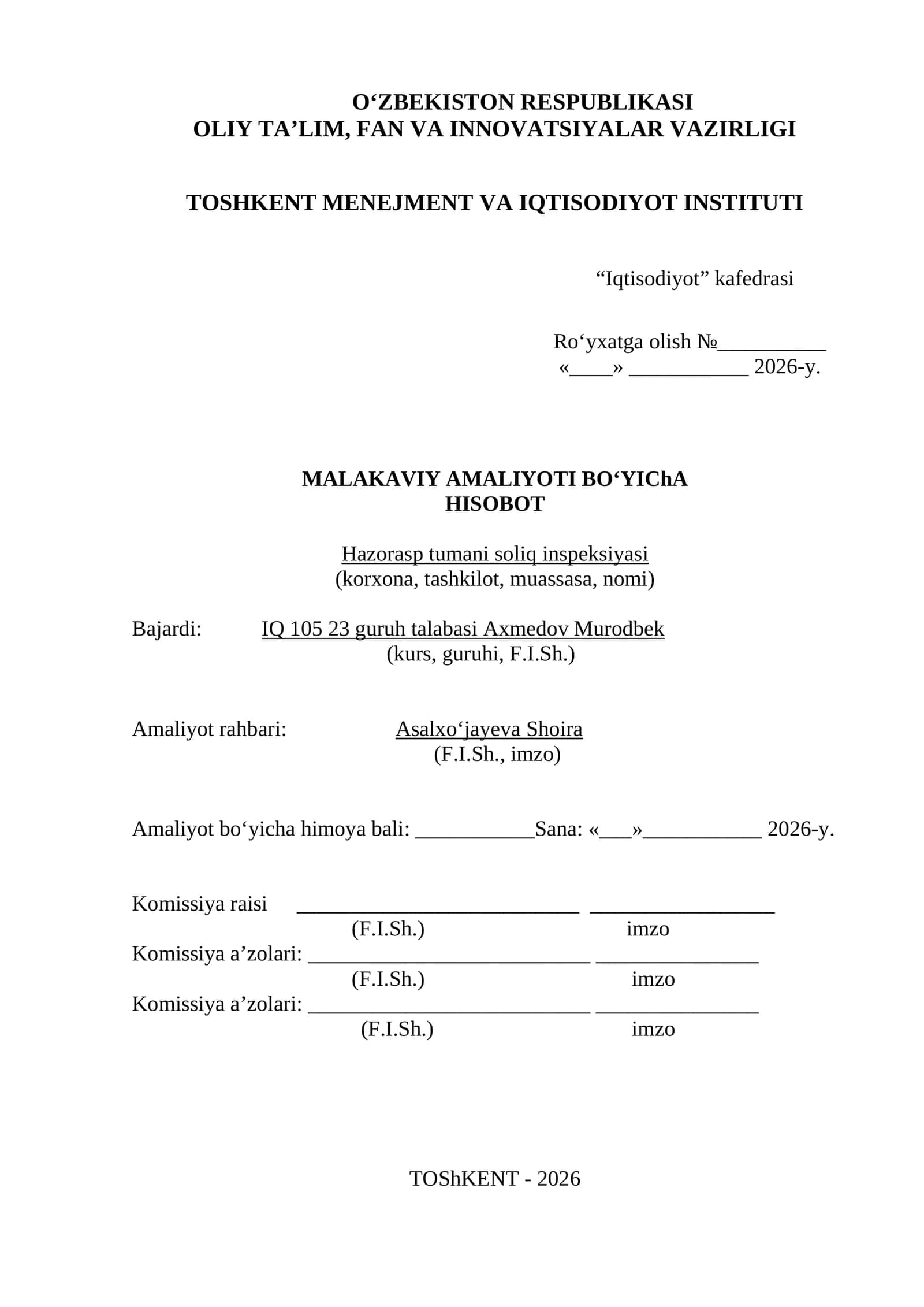 Hazorasp tumani soliq inspeksiyasi Amaliyot Hisobot