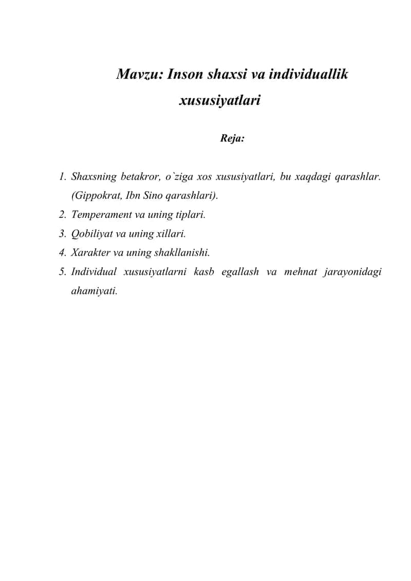 Inson shaxsi va individuallik xususiyatlari