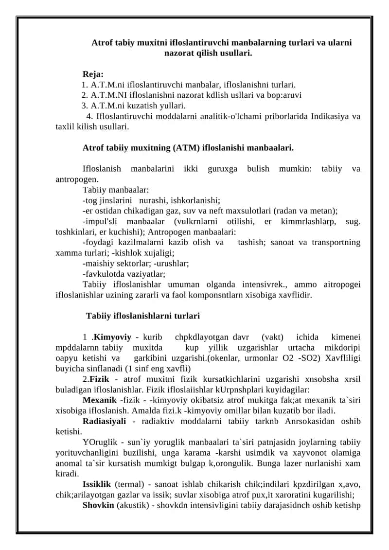 Atrof tabiy muxitni ifloslantiruvchi manbalarning turlari va ularni nazorat qilish usullari
