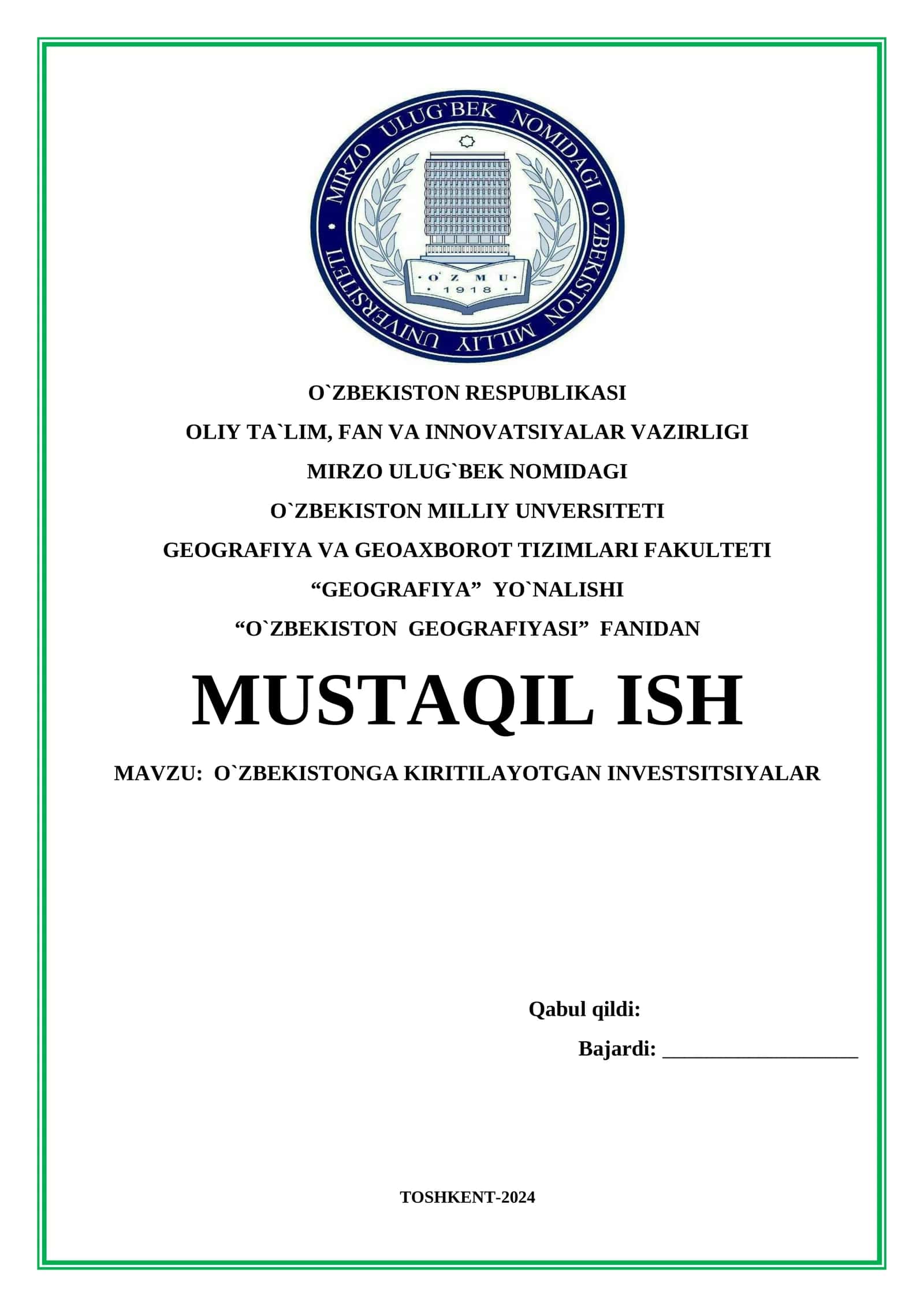 O`zbekistonga kirtilayotgan investitsiyalar