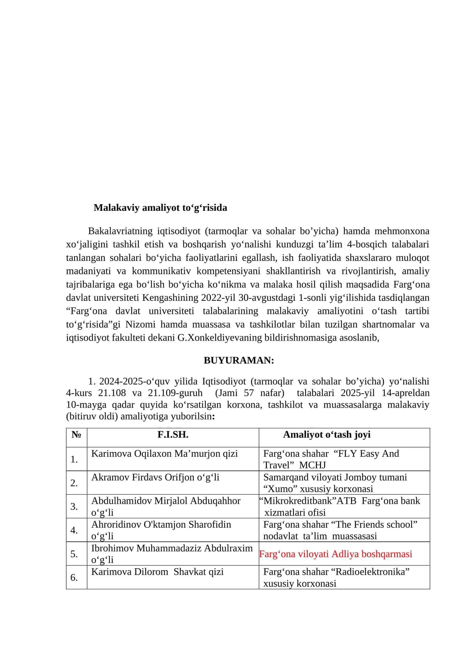 Malakaviy amaliyot to‘g‘risida