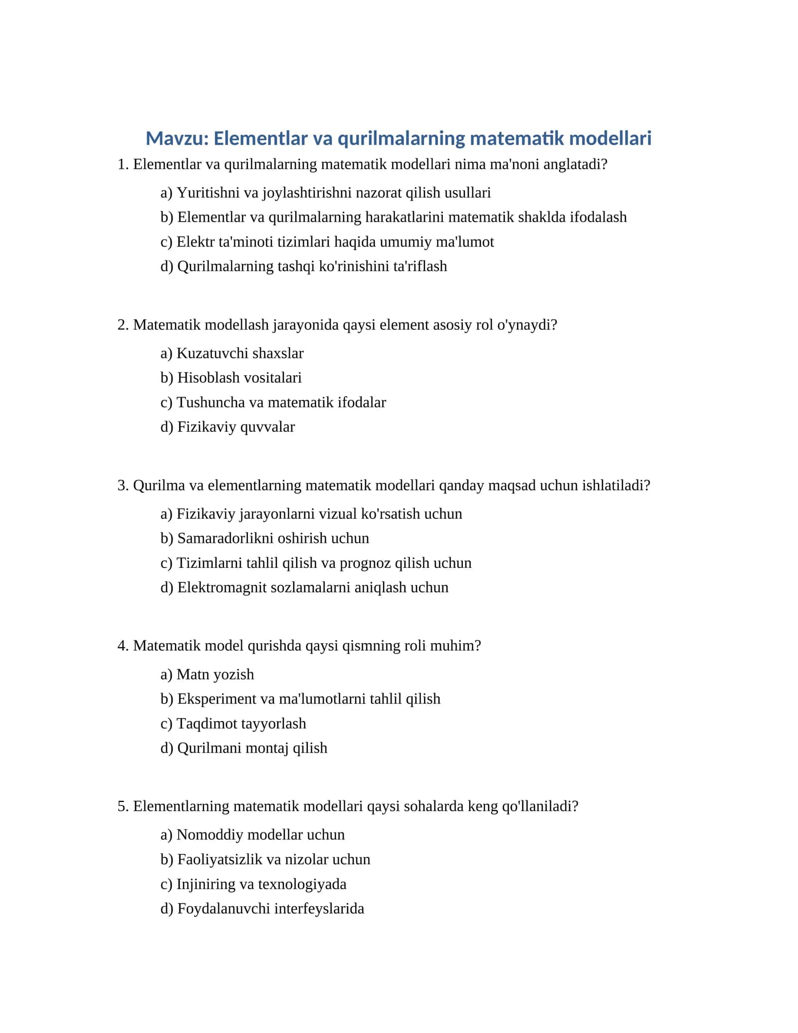 Elementlar va qurilmalarning matematik modellari