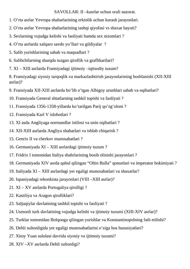 SAVOLLAR: II –kusrlar uchun orali nazorat.