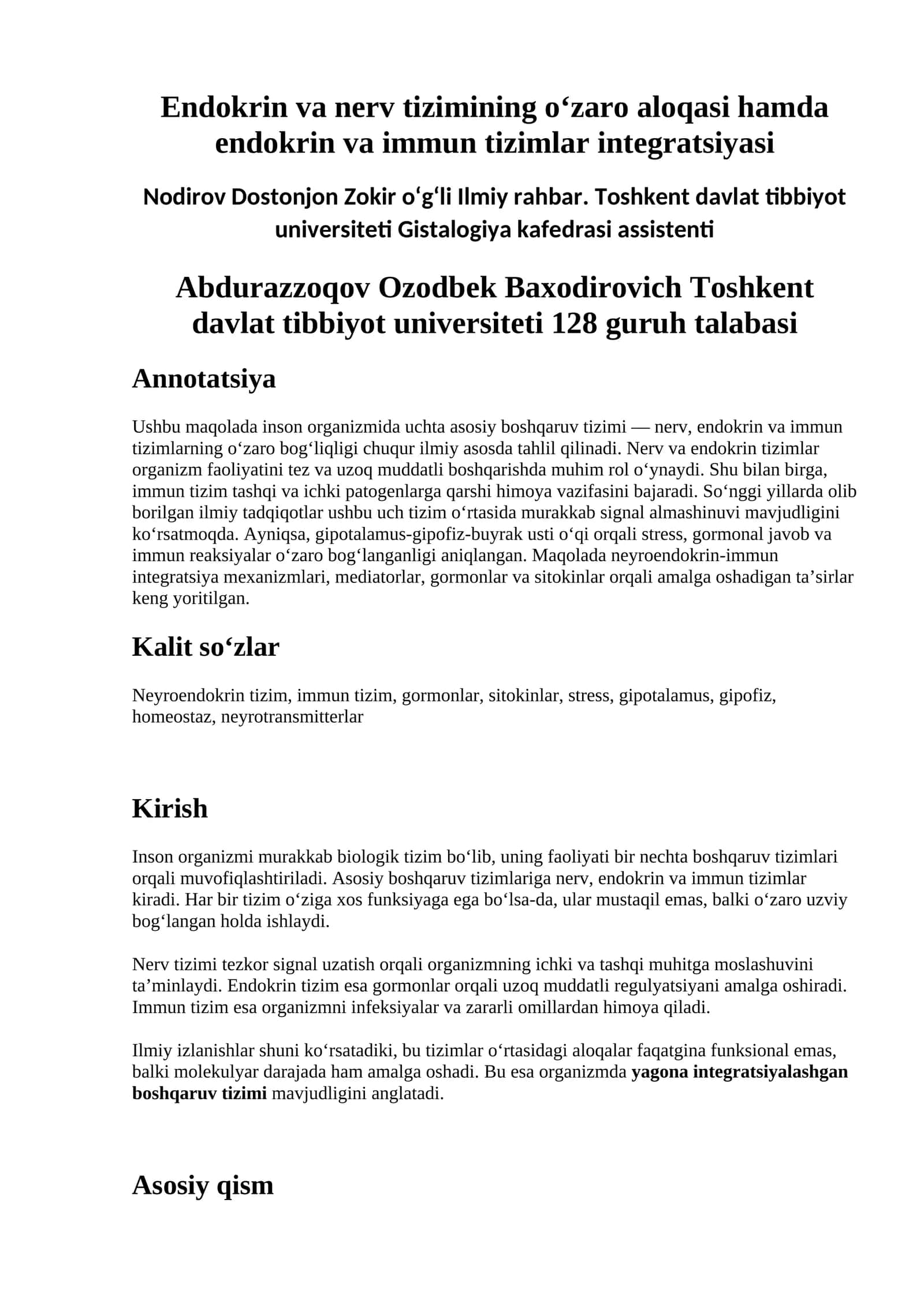 Endokrin va nerv tizimining o‘zaro aloqasi hamda endokrin va immun tizimlar integratsiyasi