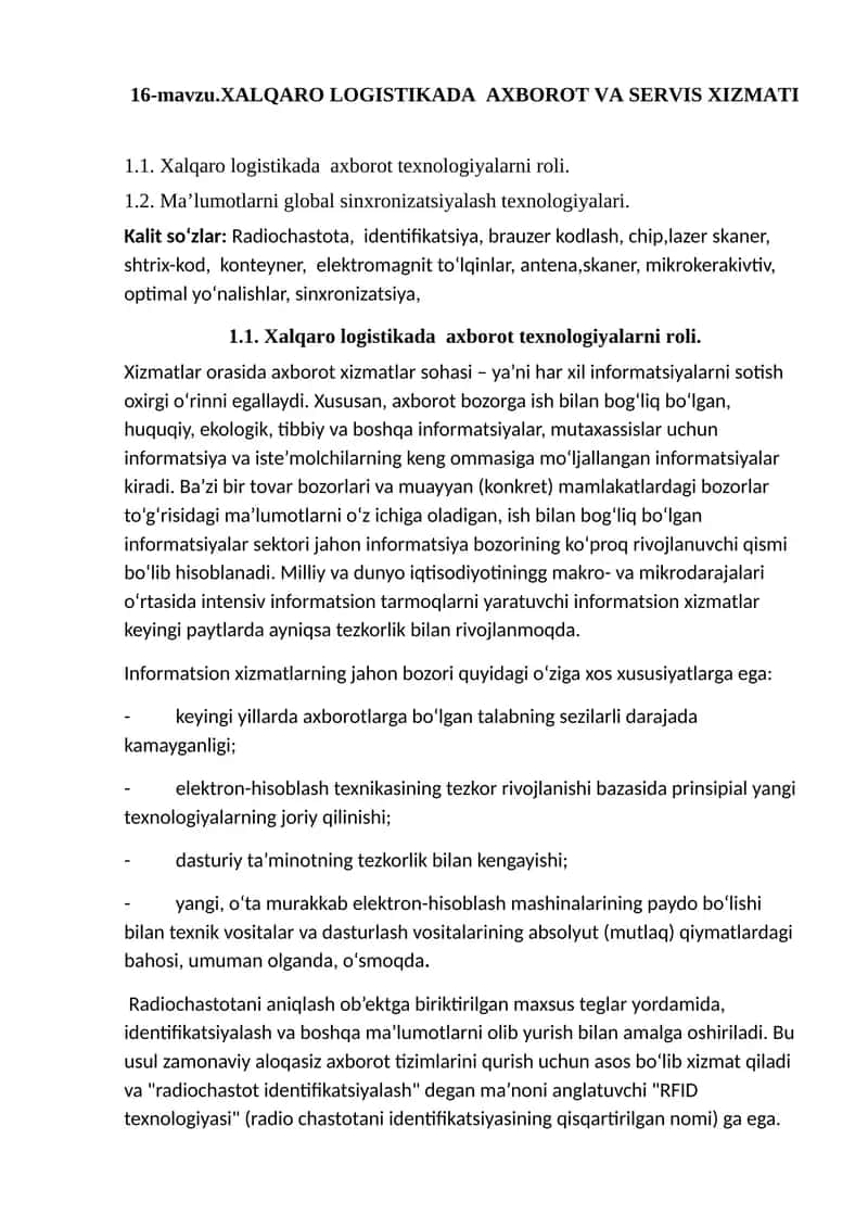 XALQARO LOGISTIKADA AXBOROT VA SERVIS XIZMATI