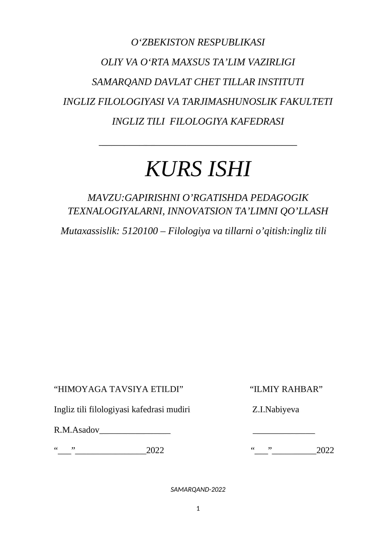 GAPIRISHNI O’RGATISHDA PEDAGOGIK TEXNALOGIYALARNI, INNOVATSION TA’LIMNI QO’LLASH
