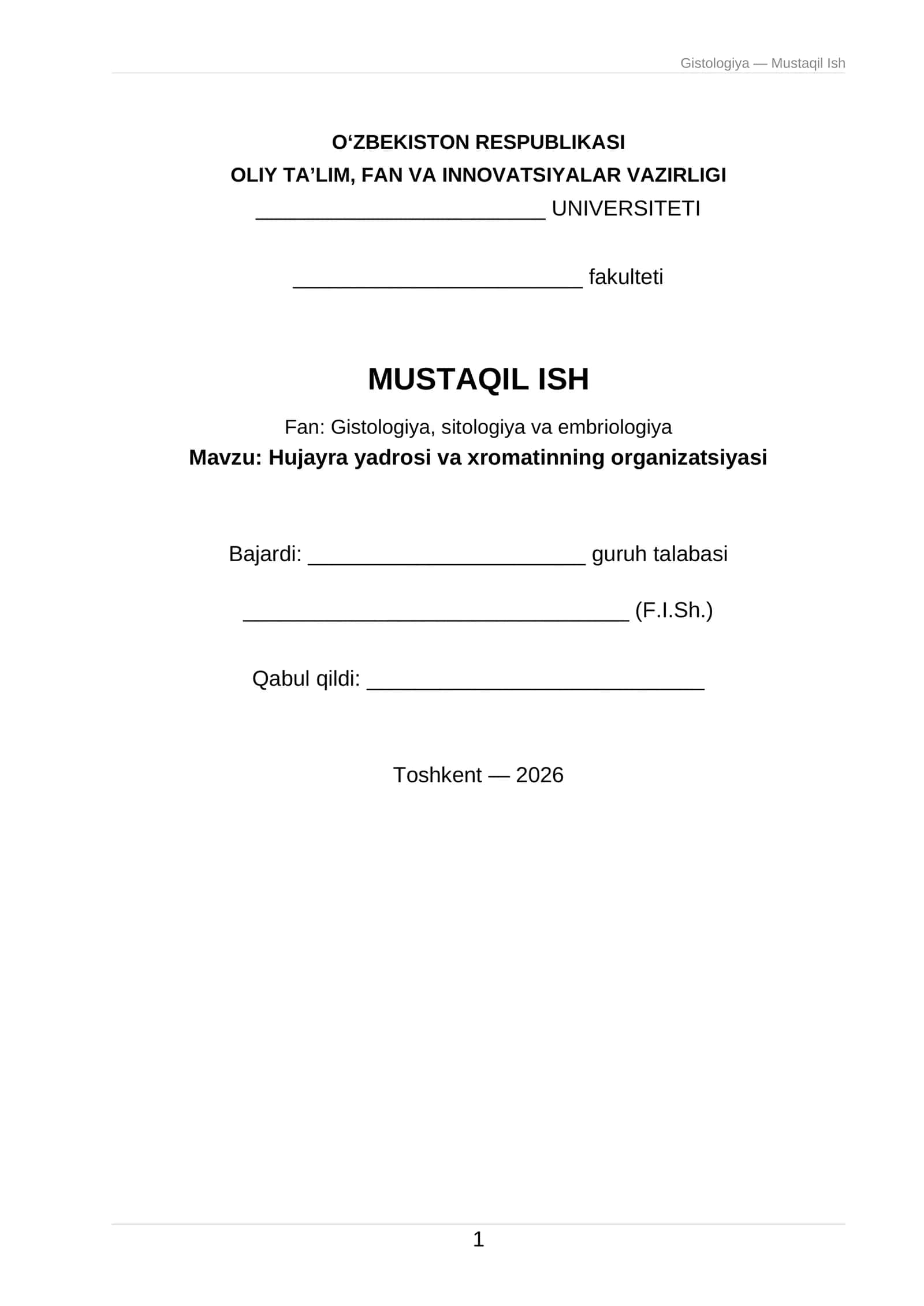 Gistologiya — Mustaqil Ish