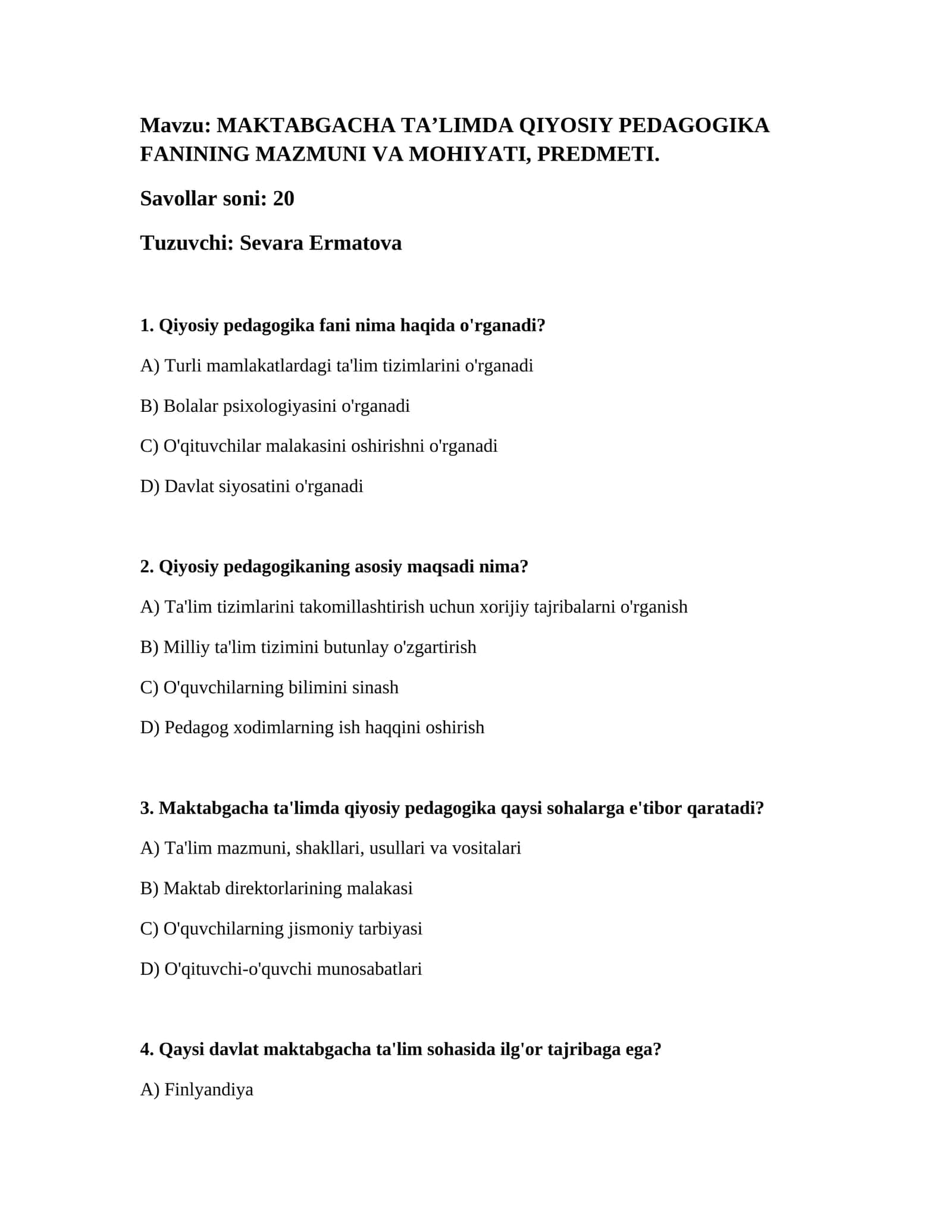 MAKTABGACHA TAʼLIMDA QIYOSIY PEDAGOGIKA FANINING MAZMUNI VA MOHIYATI, PREDMETI
