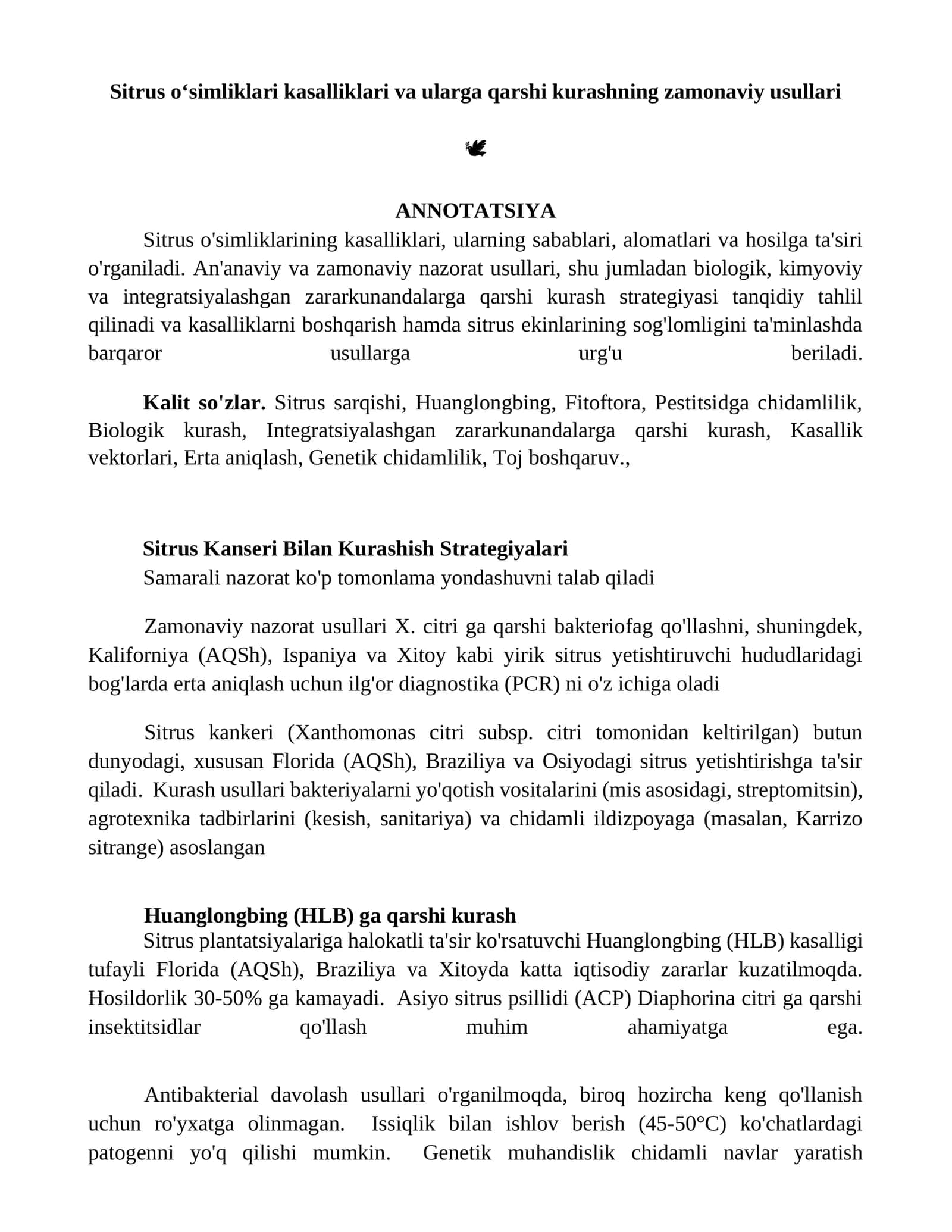 Sitrus o‘simliklari kasalliklari va ularga qarshi kurashning zamonaviy usullari