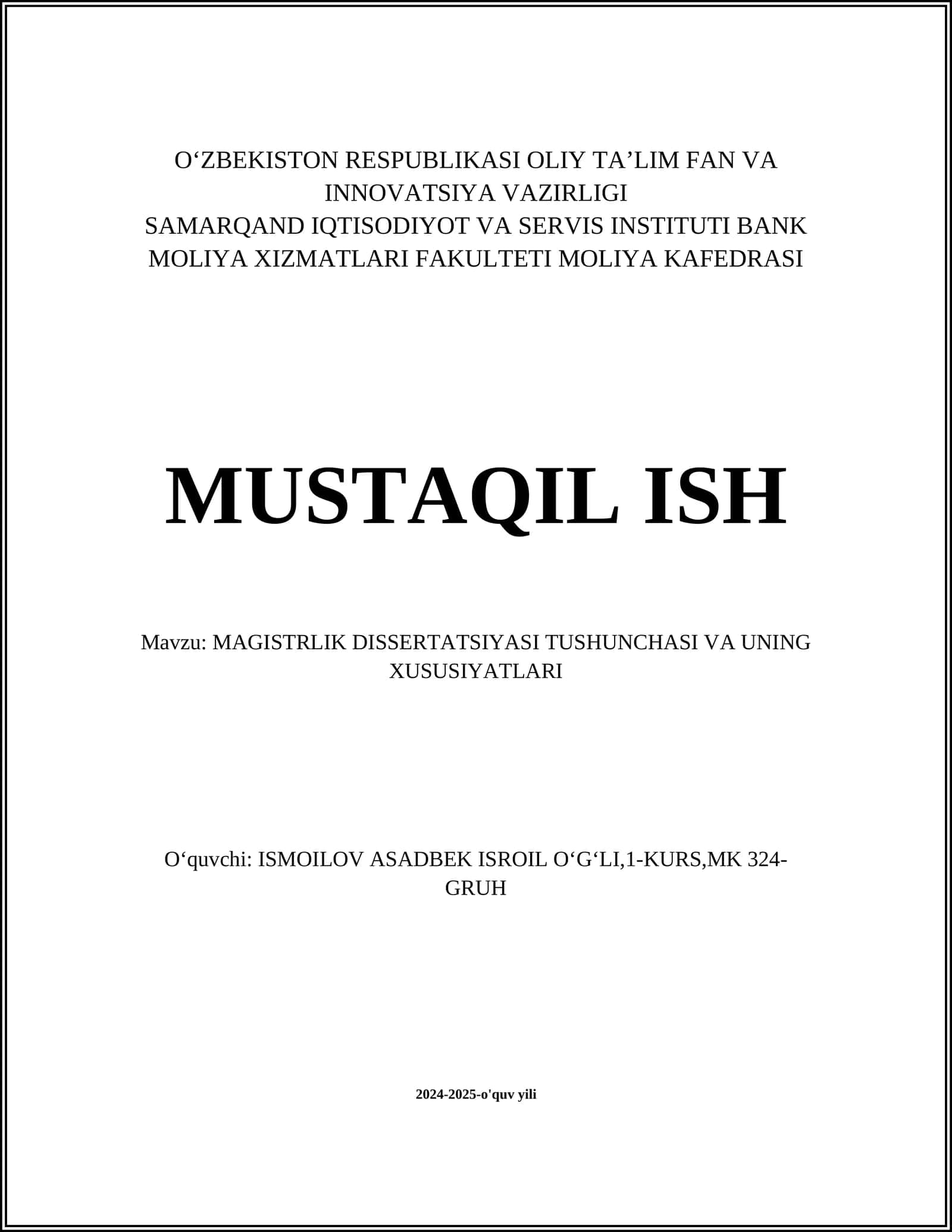 MAGISTRLIK DISSERTATSIYASI TUSHUNCHASI VA UNING XUSUSIYATLARI