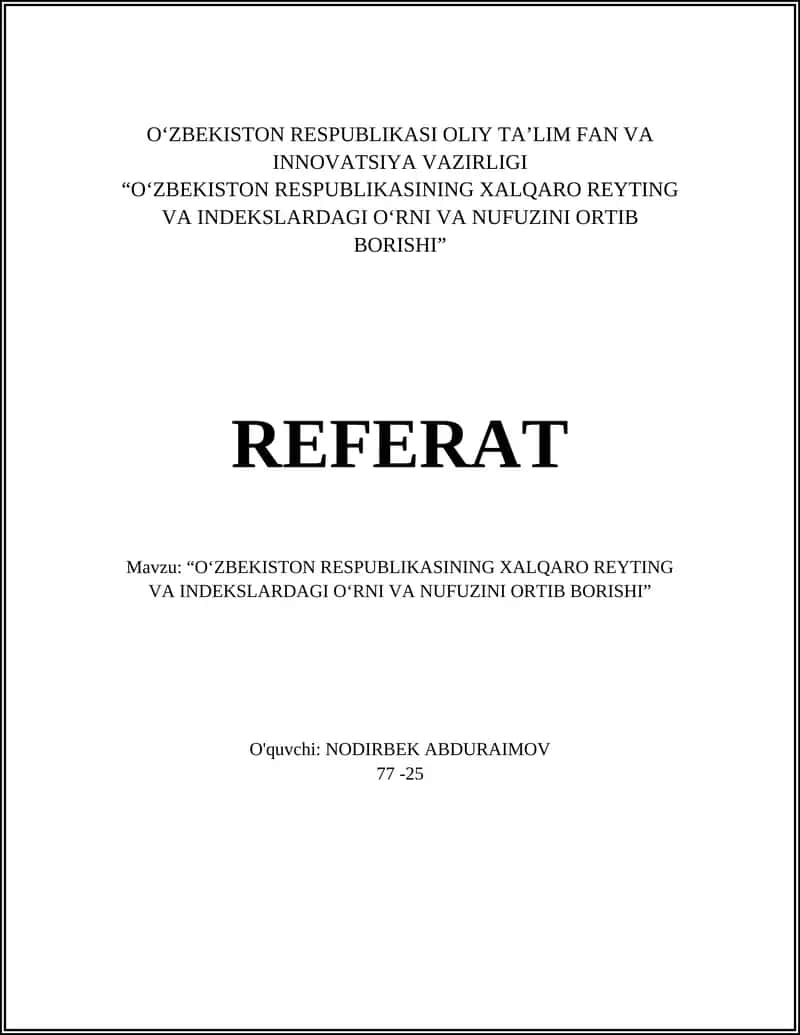 O‘ZBEKISTON RESPUBLIKASI OLIY TA’LIM FAN VA INNOVATSIYA VAZIRLIGI REFERAT