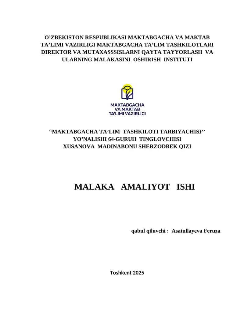 “MAKTABGACHA TA’LIM TASHKILOTI TARBIYACHISI’’ YO’NALISHI TINGLOVCHISI