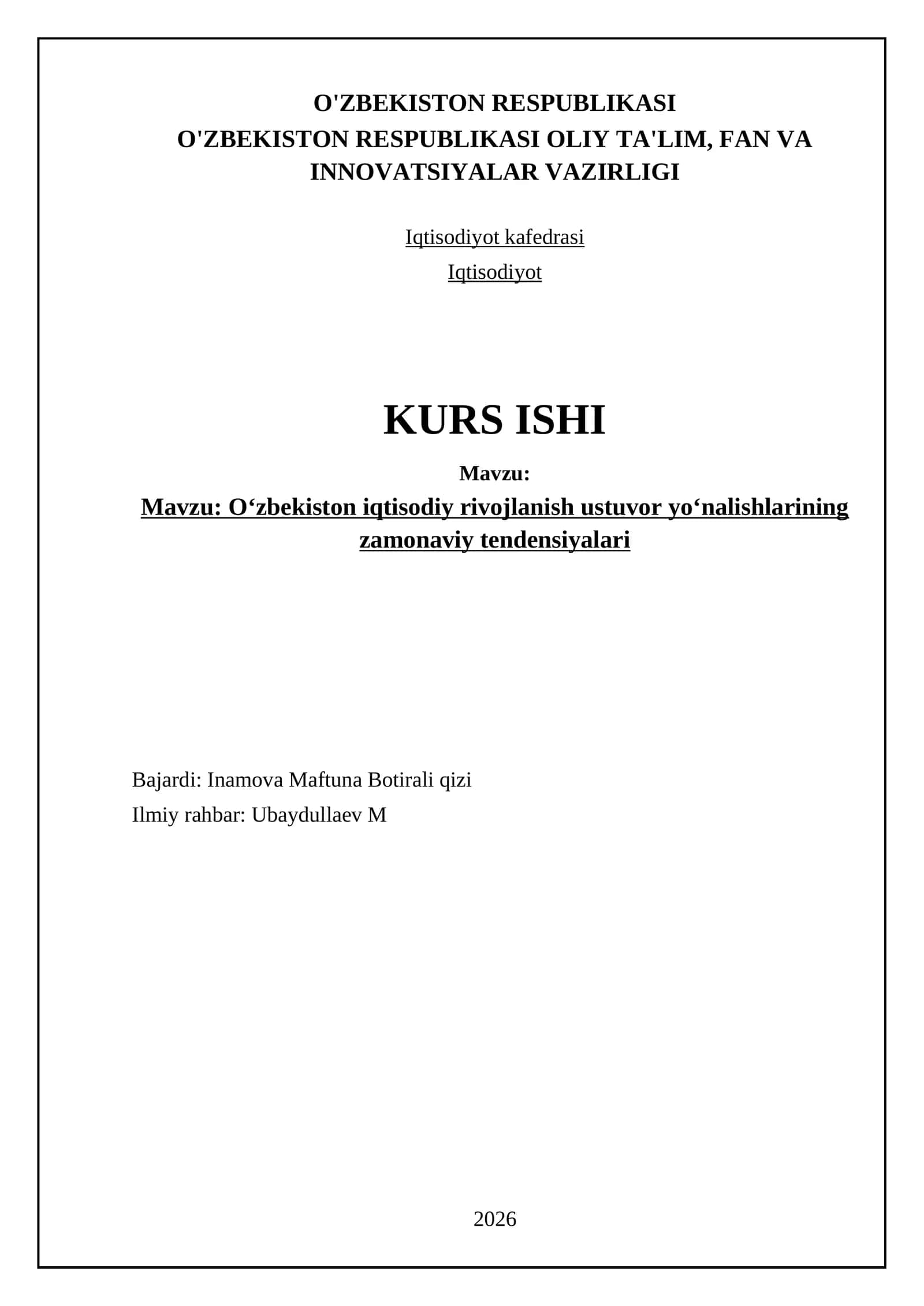 Oʻzbekiston iqtisodiy rivojlanish ustuvor yoʻnalishlarining zamonaviy tendensiyalari