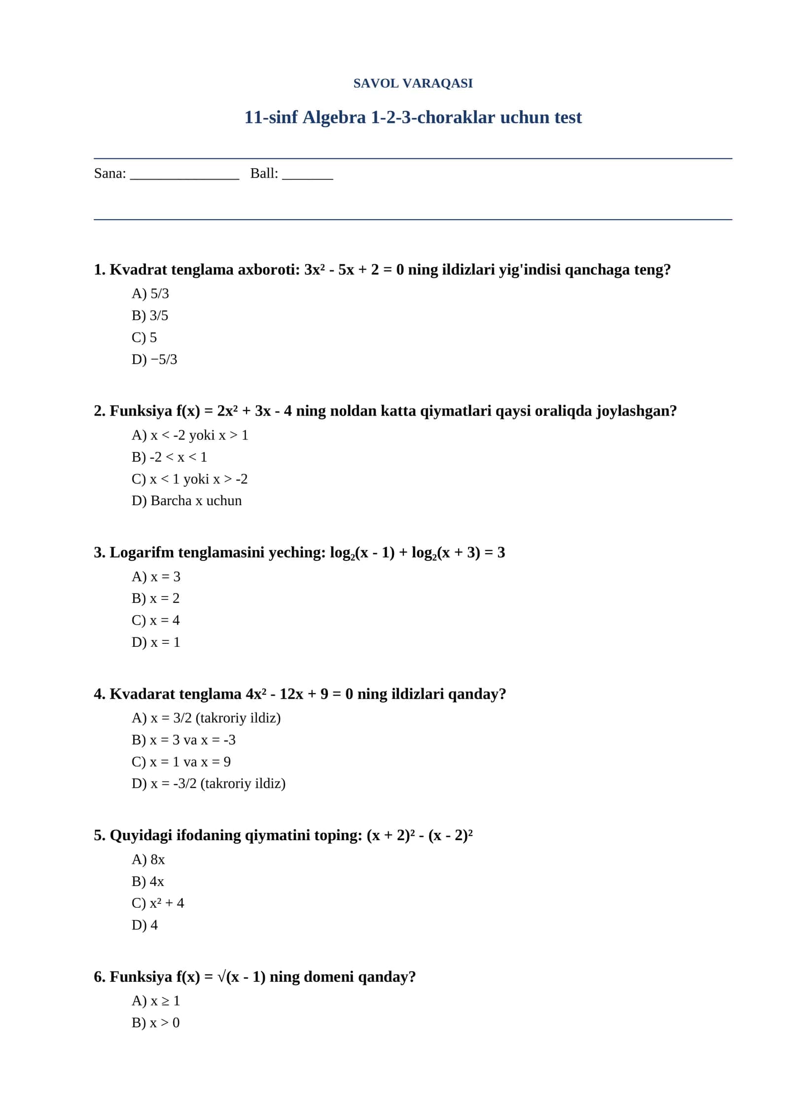 11-sinf Algebra 1-2-3-choraklar uchun test