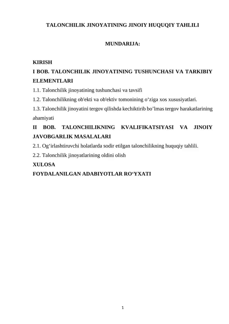 TALONCHILIK JINOYATINING JINOIY HUQUQIY TAHLILI