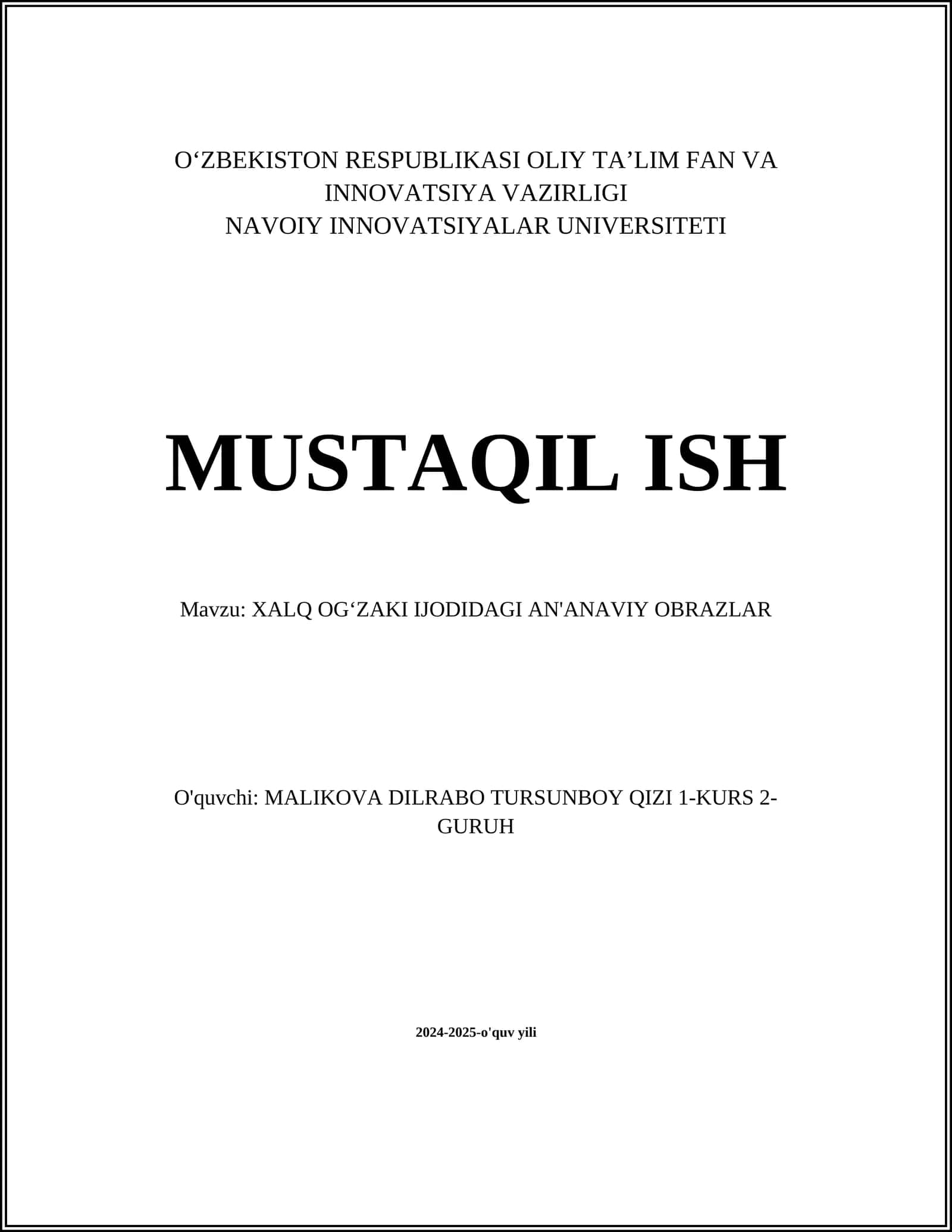 XALQ OG‘ZAKI IJODIDAGI AN'ANAVIY OBRAZLAR