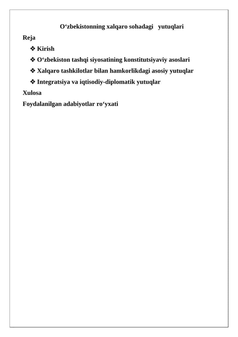 O‘zbekistonning xalqaro sohadagi yutuqlari