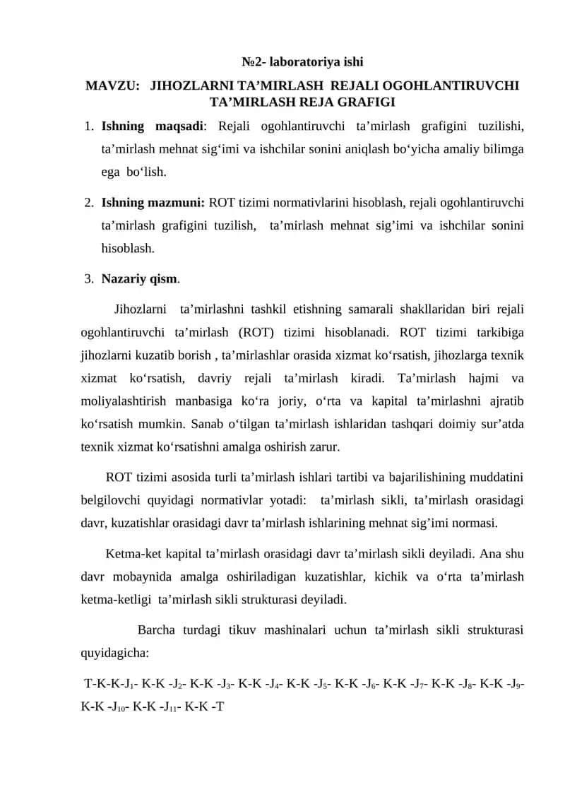 JIHOZLARNI TA’MIRLASH REJALI OGOHLANTIRUVCHI TA’MIRLASH REJA GRAFIGI