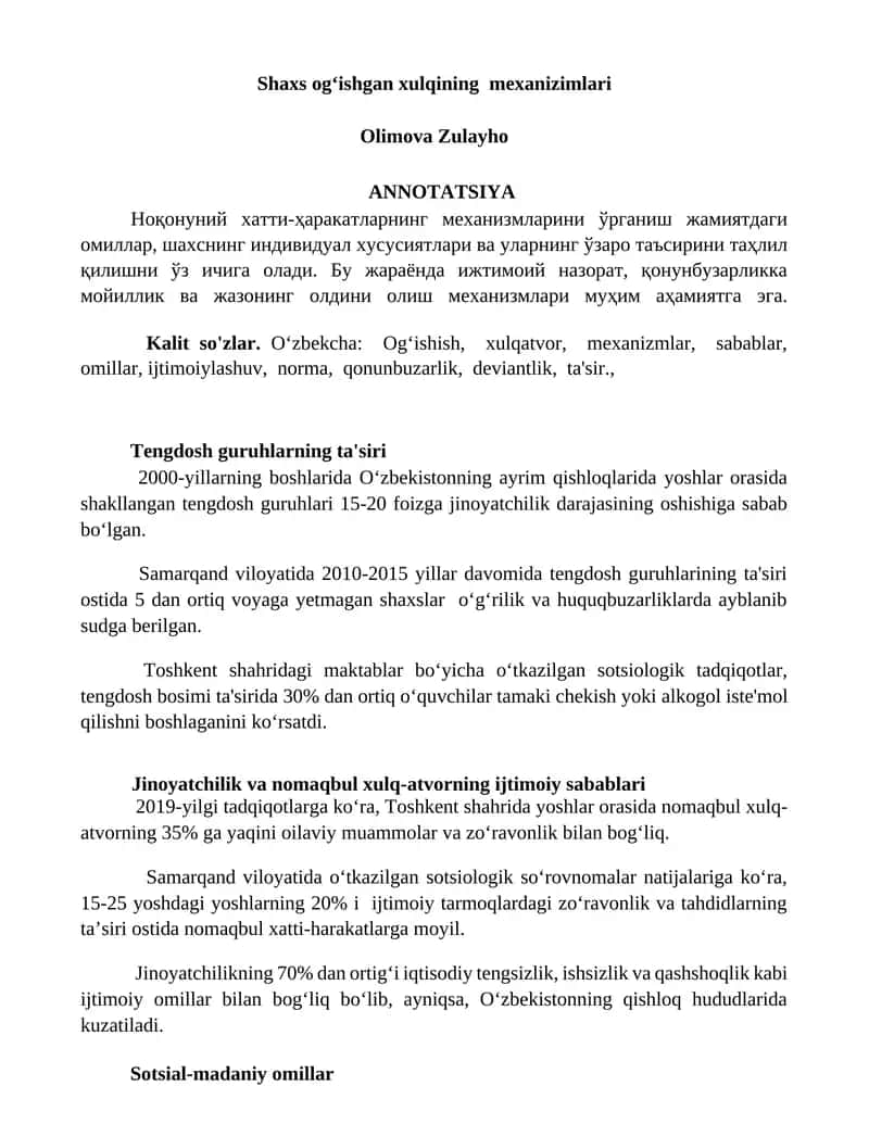 Shaxs og‘ishgan xulqining mexanizimlari