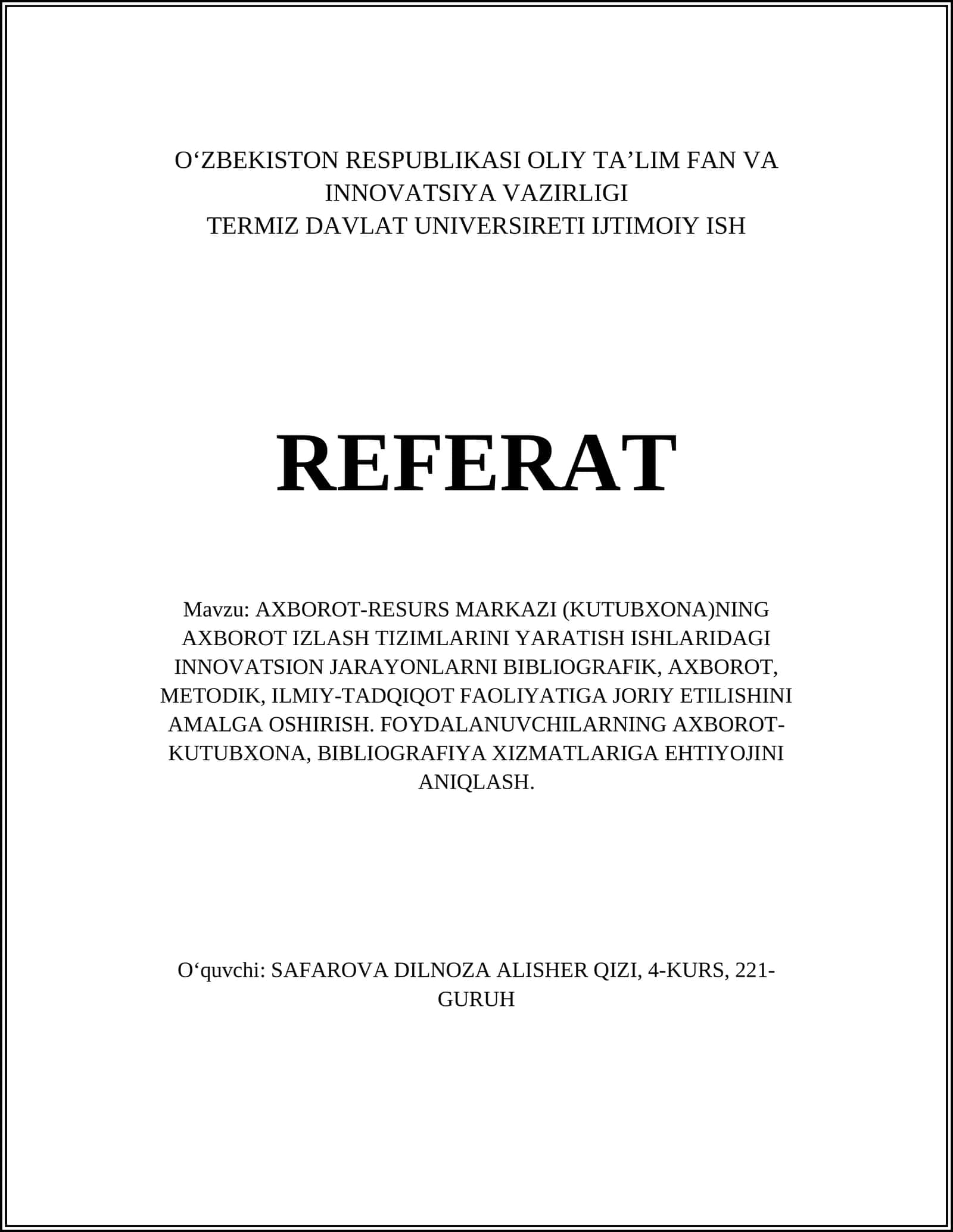 AXBOROT-RESURS MARKAZINING TIZIMLARINI RIVOJLANTIRISH
