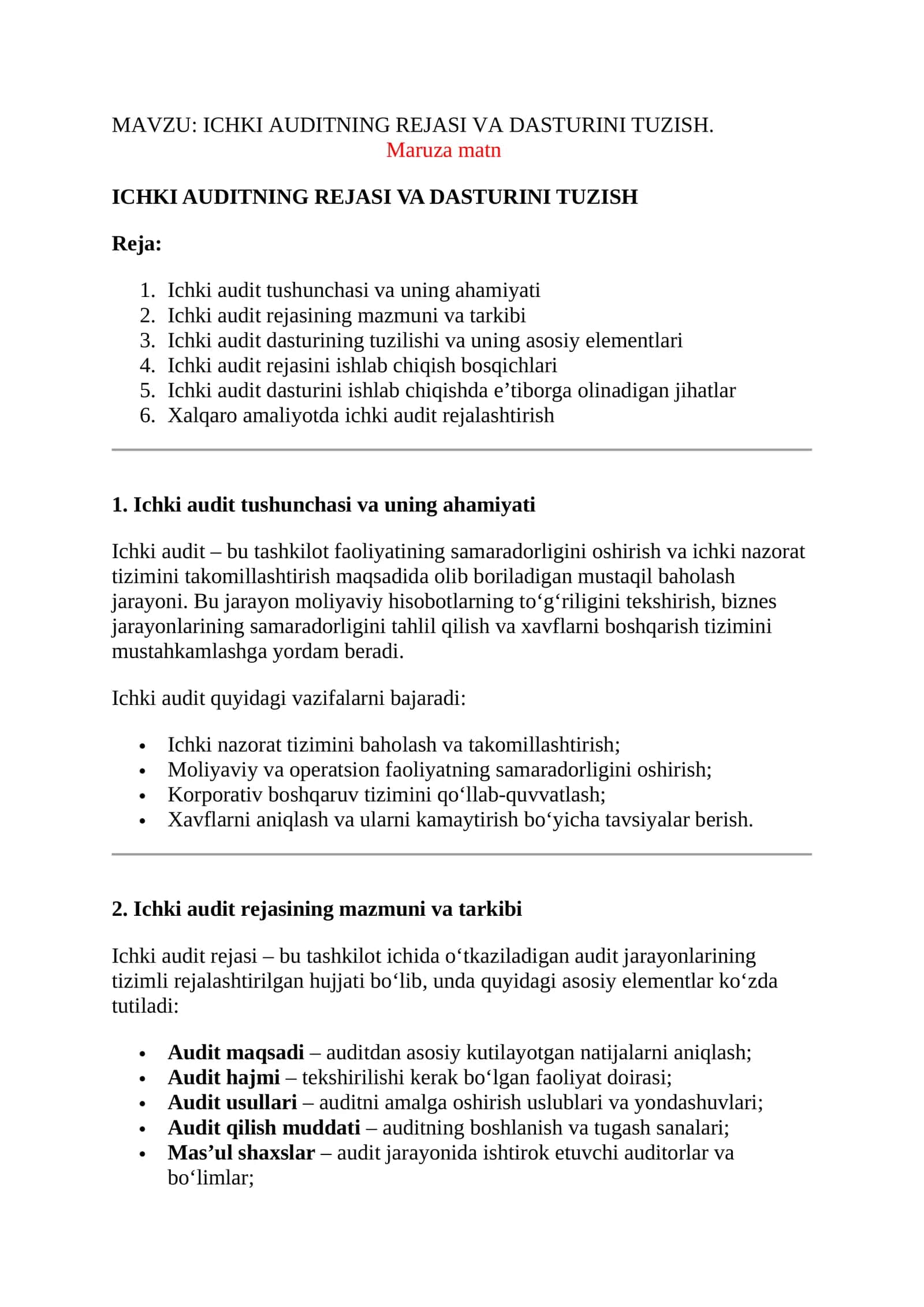 ICHKI AUDITNING REJASI VA DASTURINI TUZISH