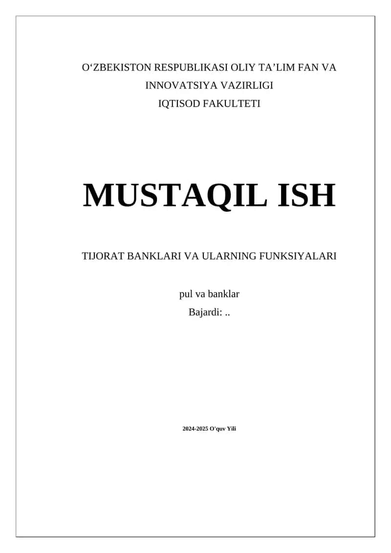 TIJORAT BANKLARI VA ULARNING FUNKSIYALARI